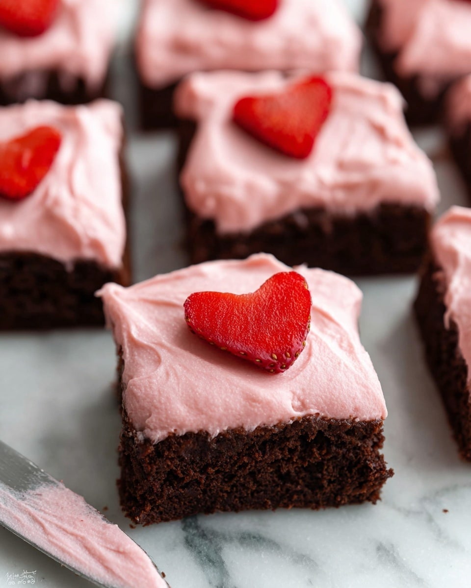 The image shows a close-up of square chocolate brownies topped with a thick layer of smooth, light pink frosting. Each brownie piece has a small heart-shaped fresh strawberry slice placed in the center on top of the frosting. The brownies are arranged on a white marbled surface with a knife beside them that has some pink frosting on the blade, suggesting the frosting was spread evenly over the brownies. The texture of the brownies is dense and moist, while the pink frosting is creamy and softly whipped. Photo taken with an iphone --ar 4:5 --v 7