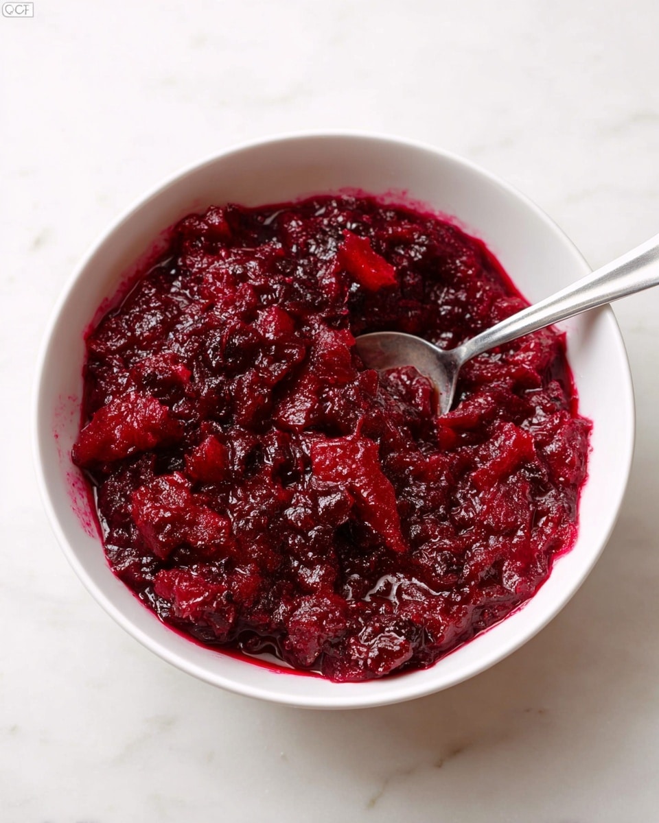 The image shows a white bowl filled with a chunky, deep red mixture that looks like cooked or mashed berries or fruit sauce. The texture appears soft and somewhat wet, with visible pieces of fruit throughout the mixture. A silver spoon is placed inside the bowl, resting on the fruit mixture. The bowl is set on a white marbled surface that adds a clean, bright background to the dish. The colors are mostly dark and bright red with some lighter red highlights from the texture of the fruit. photo taken with an iphone --ar 4:5 --v 7