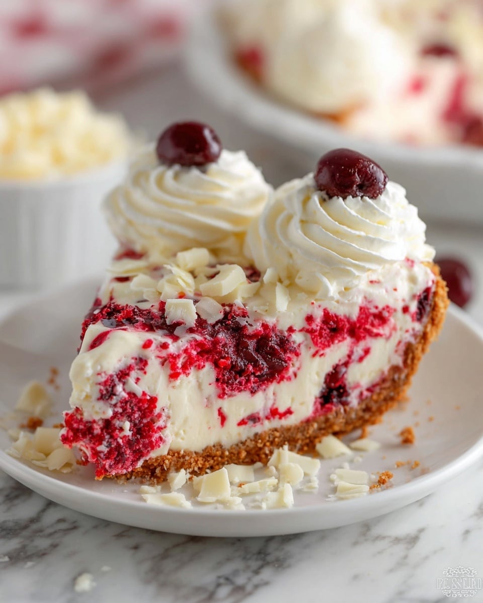 A slice of pie is shown on a white plate with a crumbly brown crust as the bottom layer. Above the crust is a thick creamy white layer mixed with bright red berry pieces that create a marbled effect throughout. The top of the pie has two swirls of white whipped cream, each topped with a single dark red berry. White chocolate shavings are scattered across the top of the pie and plate. The background is a white marbled surface with blurred shapes of more pie and a small white dish. photo taken with an iphone --ar 4:5 --v 7