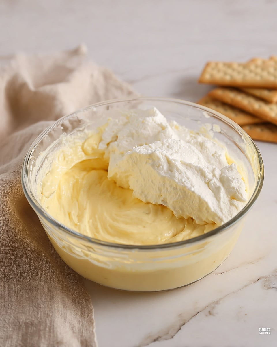A clear glass bowl sits on a white marbled surface, filled with two creamy layers: the bottom layer is a thick, pale yellow custard-like mixture with a smooth texture, while the top layer is a fluffy, white whipped cream sitting on one side of the bowl. In the background, there are a few light tan crackers resting on the surface, and a beige linen cloth is seen to the left side of the bowl. The scene is softly lit, showing smooth, rich textures of the mixtures. Photo taken with an iphone --ar 4:5 --v 7