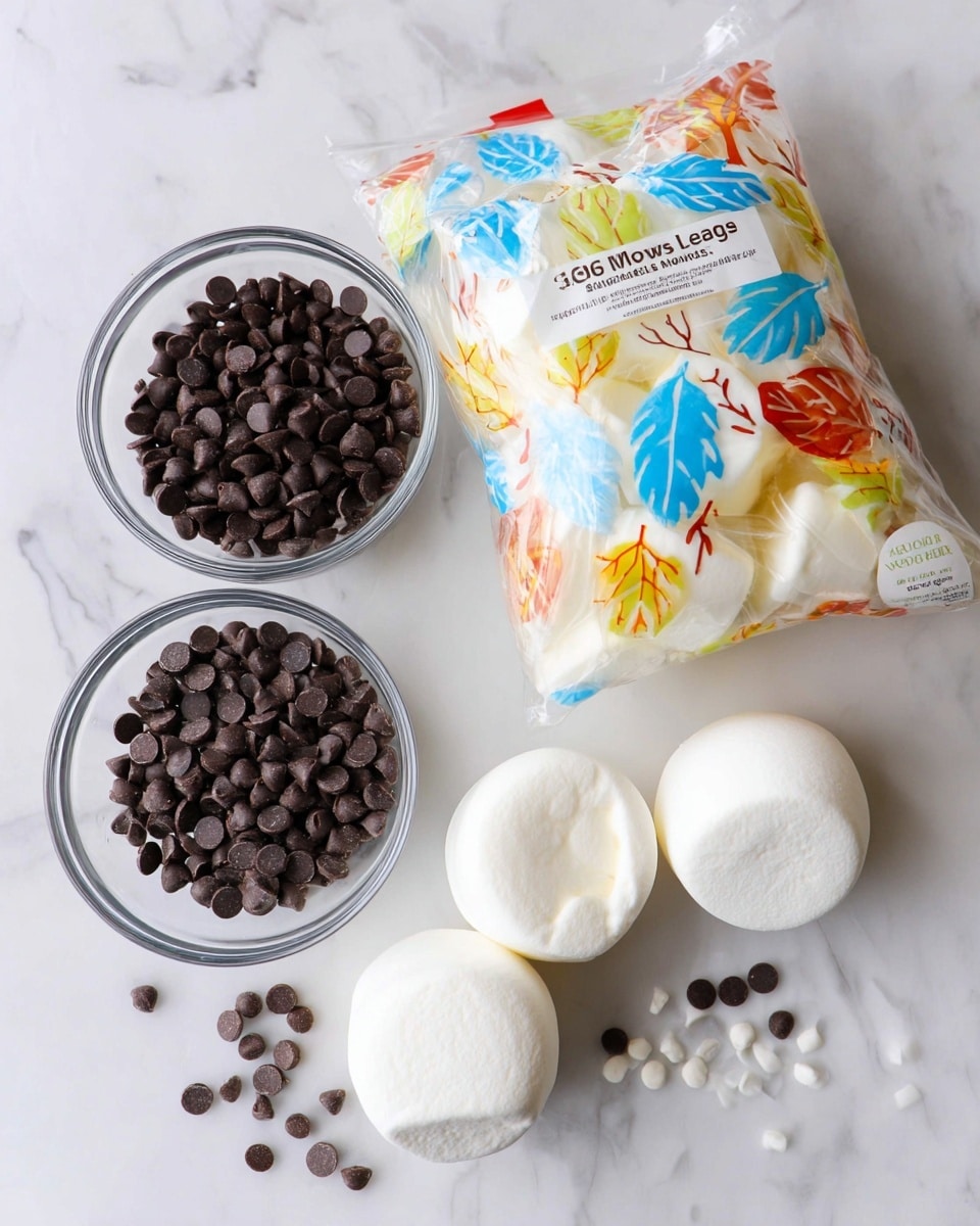 The image shows a clear plastic bag of large white marshmallows with colorful leaf patterns on the top right. In front of the bag, there are three white marshmallows placed on a white marbled surface. There are two clear glass bowls, one filled with dark brown chocolate chips and the other with white milk. Some chocolate chips and marshmallows are scattered around the bowls on the white marbled surface. Photo taken with an iphone --ar 4:5 --v 7