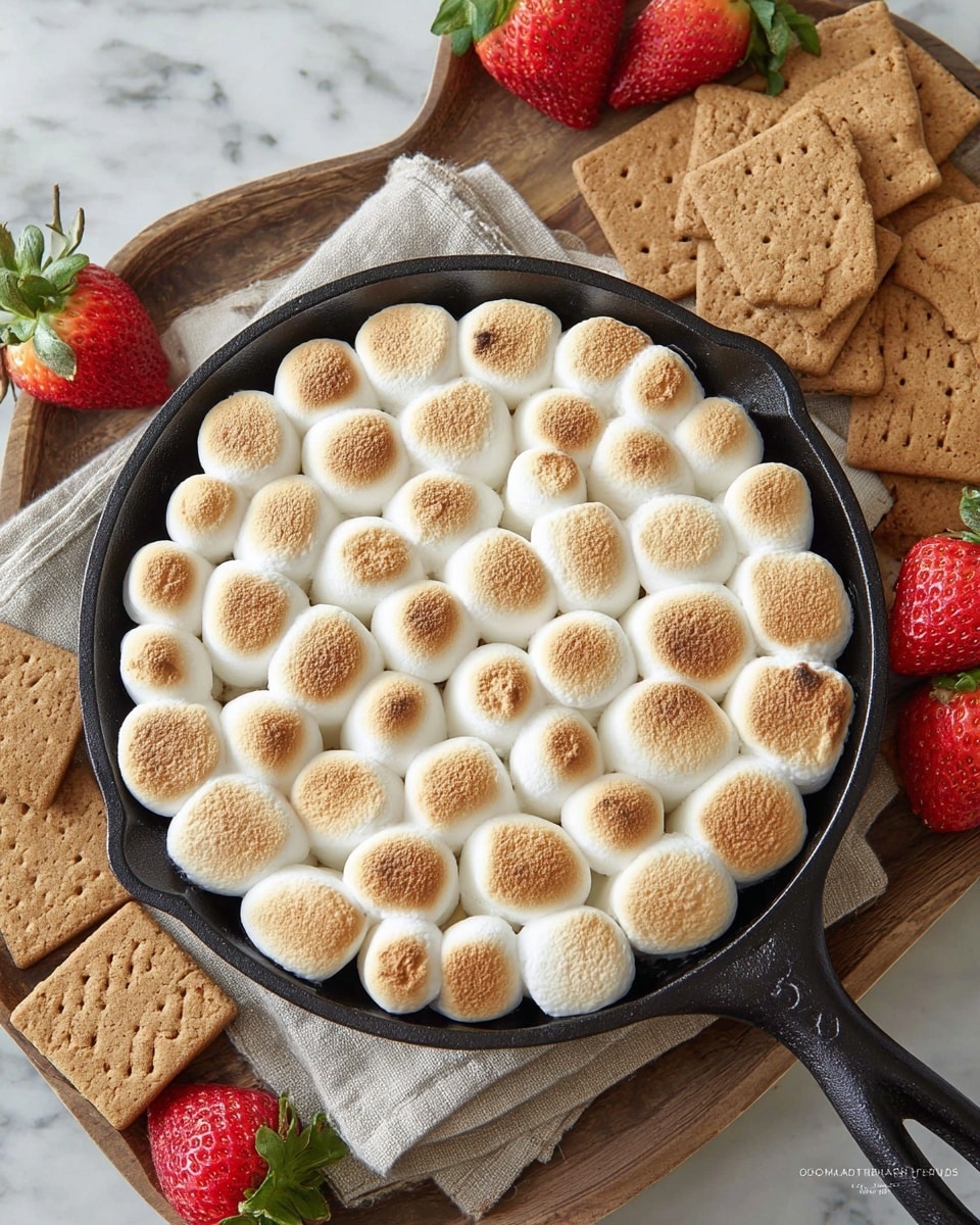 A round black cast iron skillet filled with a single layer of large toasted marshmallows, lightly browned on top and soft, arranged tightly side by side covering the whole surface. The skillet sits on a beige cloth napkin, which is placed on a wooden tray. Around the skillet, there are scattered rectangular, light brown cookies with textured edges, and fresh red strawberries with green leaves, all on a white marbled surface. photo taken with an iphone --ar 4:5 --v 7