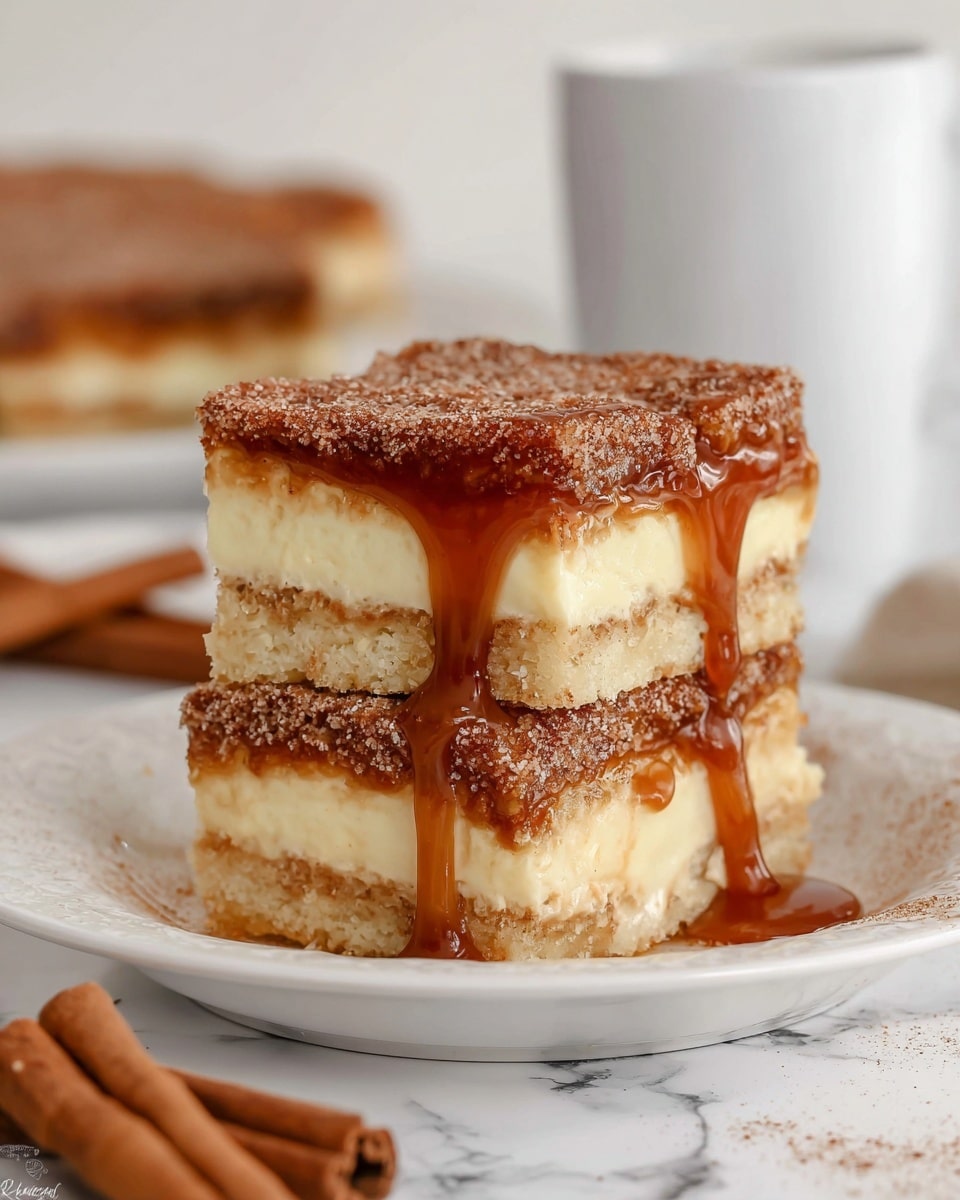 The image shows two square dessert bars stacked on a white plate with a white marbled surface underneath. Each bar has three visible layers: a golden brown, lightly textured base layer; a thick, creamy middle layer in light yellow; and a top layer of crumbly, cinnamon-sugar coating in warm brown tones. Rich caramel sauce is dripping down the sides of both bars, adding a glossy and smooth texture. In the background, a blurred white mug and cinnamon sticks are visible. Photo taken with an iphone --ar 4:5 --v 7