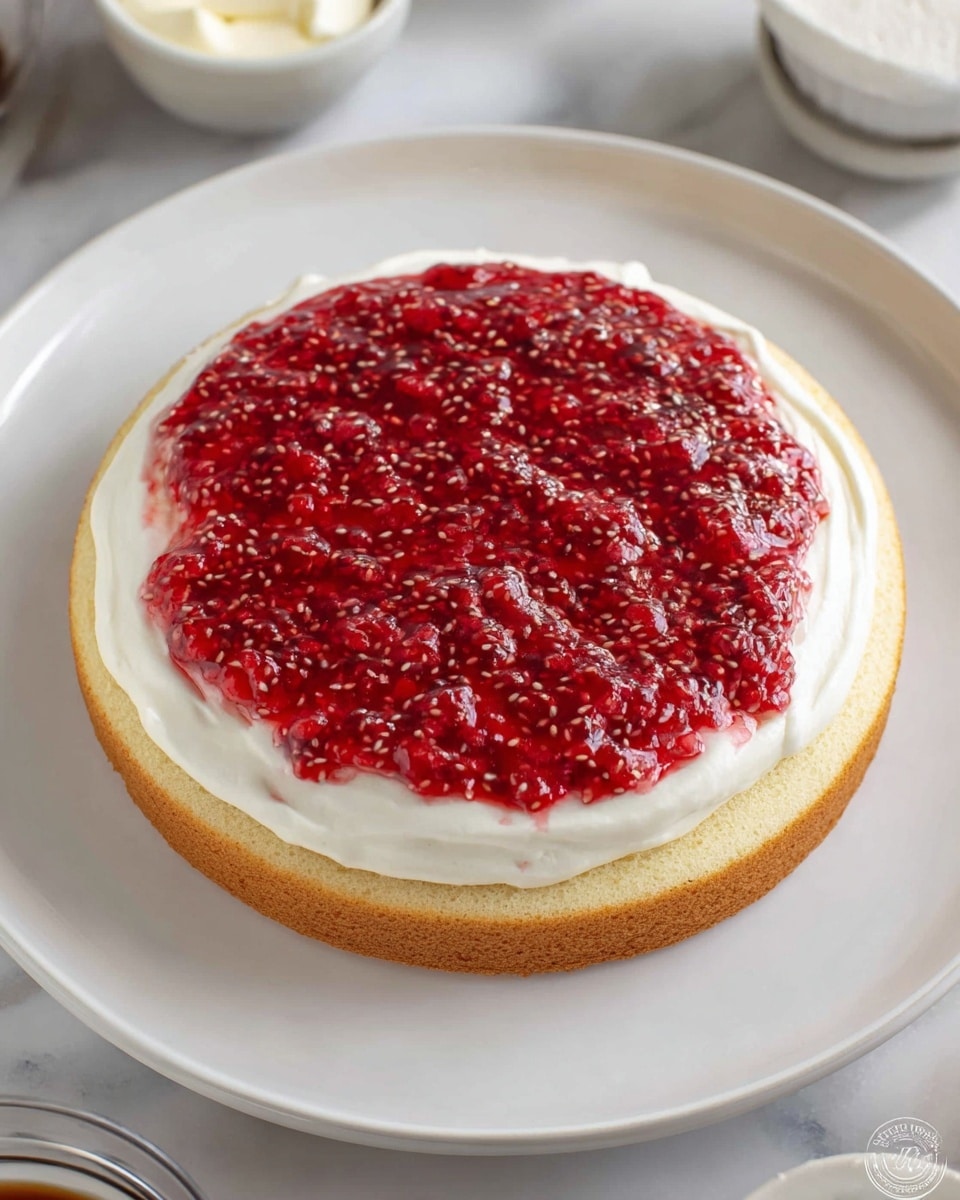 A single round cake layer sits centered on a white plate, topped with a smooth layer of white cream spread evenly near the edges. Above the cream is a thick layer of bright red raspberry jam with visible seeds, covering the entire top surface except for a thin border of cream. The plate is placed on a white marbled surface, surrounded by blurred bowls containing cream and sugar. photo taken with an iphone --ar 4:5 --v 7