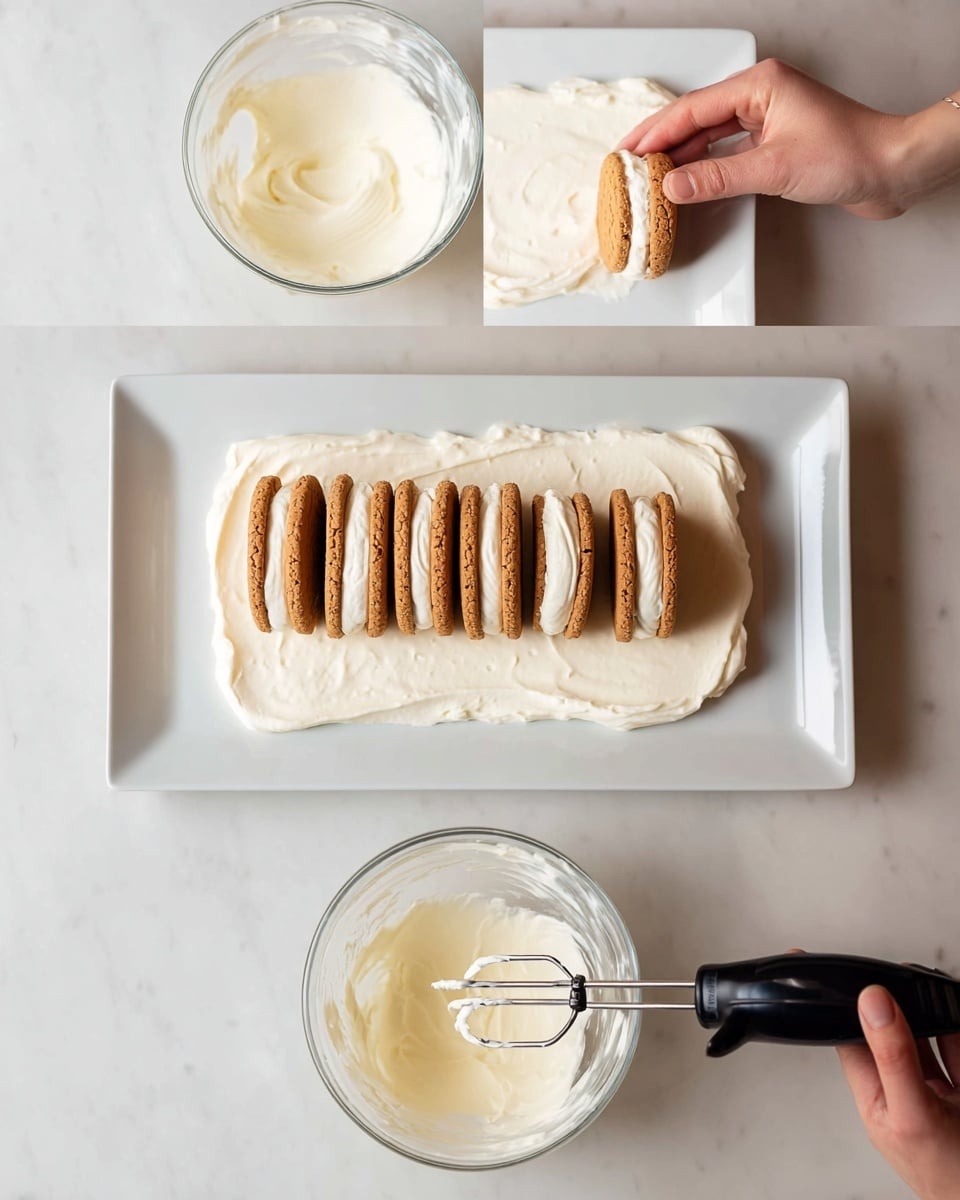 A rectangular white plate sits on a white marbled surface, with a thick layer of smooth, white cream spread in a rough strip down the center. Six small round cookies with a light brown color are placed upright in a row on the right side of the cream strip, with white cream sandwiched between each cookie. A woman's hand is seen placing one cookie upright onto the cream layer, showing the step before the full lineup. The scene includes a clear glass bowl with cream being mixed by a black electric beater held by another woman's hand. The overall look is clean and simple, focusing on the contrast between the creamy white and the light brown cookies, with soft natural lighting. Photo taken with an iphone --ar 4:5 --v 7