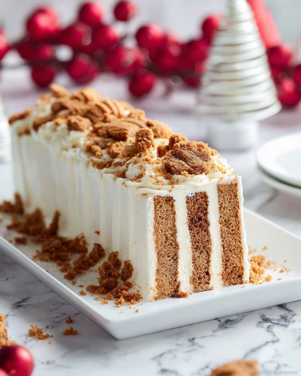 The image shows a rectangular cake with multiple vertical layers of brown cookie-like pieces dipped in white creamy frosting. The cake is fully coated with smooth, white frosting, and the top is sprinkled with broken bits of crunchy brown cookie crumbs. The cake sits on a white rectangular plate over a white marbled surface. In the blurred background, there are red berry decorations and a small white spiral tree ornament. Photo taken with an iphone --ar 4:5 --v 7