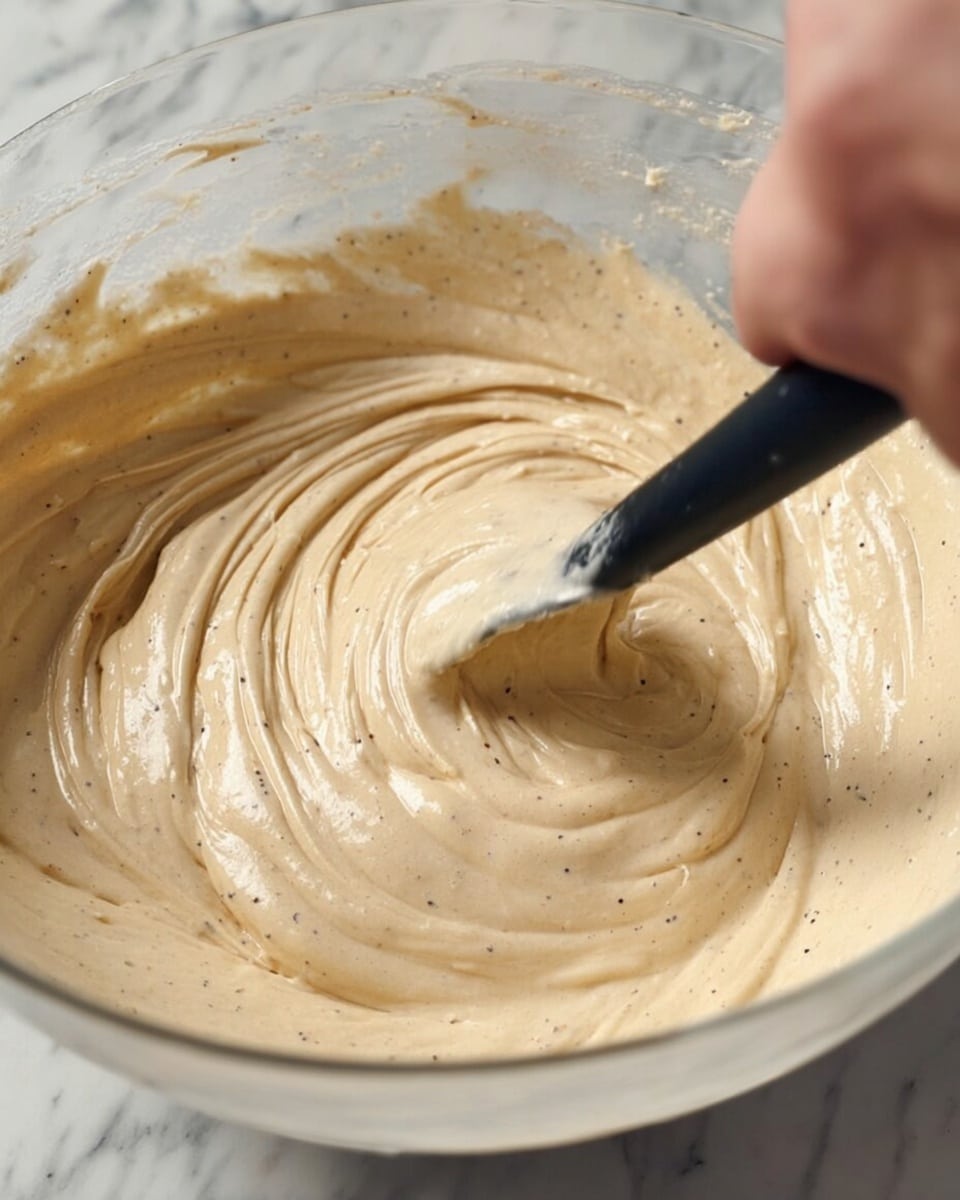 A close-up view of a large transparent bowl filled with light beige, smooth batter with tiny specks throughout, showing thick and creamy texture. A woman's hand uses a black spatula to fold and mix the batter, creating swirling patterns on the surface. The light beige batter contrasts gently with the clear bowl and the blurred white marbled background. Photo taken with an iphone --ar 4:5 --v 7