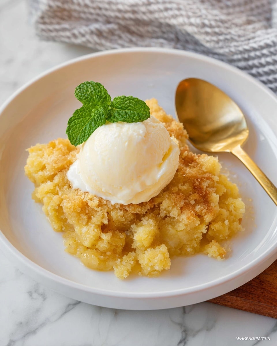 A white plate holds a warm apple crumble dessert with a rough, golden brown crumb topping that looks soft and crumbly. On top of the crumble is a round scoop of white ice cream starting to melt slightly, with a small green mint leaf placed next to it for decoration. A woman's hand is holding a small spoon that is digging into the dessert from the right side. The surface under the plate is a white marbled texture. Photo taken with an iphone --ar 4:5 --v 7