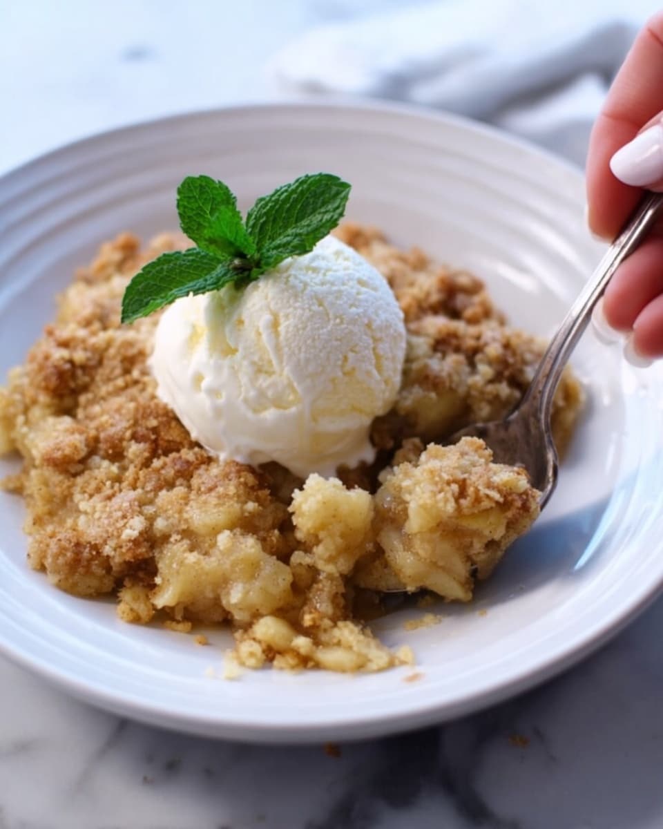 A white plate holds a crumbly, golden-yellow dessert with a rough texture, looking soft and moist under a round scoop of creamy white ice cream placed on top. A small green sprig of fresh mint sits beside the ice cream, adding a pop of color. The plate rests on a surface with a white marbled texture, and a blurred golden spoon is visible in the background. photo taken with an iphone --ar 4:5 --v 7