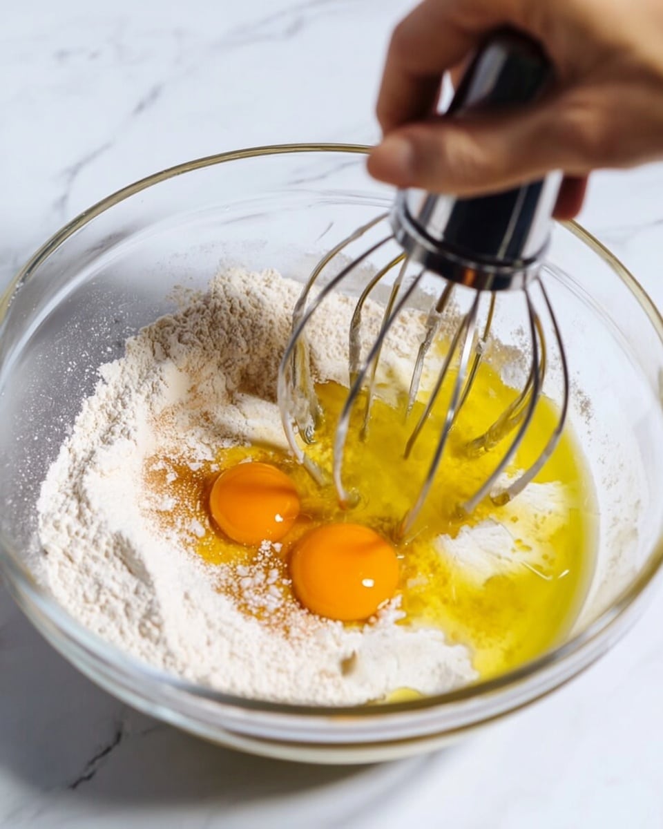 A transparent glass bowl containing three main layers: the bottom layer is a pile of white flour spread evenly, the middle layer has two bright orange egg yolks sitting close to each other along with some white liquid, and the top layer is golden yellow liquid oil pooling around the eggs and flour edges. Two silver mixer beaters are spinning rapidly in the bowl's center, creating blurred motion on the liquids. A woman's hand is steadying the bowl on the right edge. The background is a white marbled surface. photo taken with an iphone --ar 4:5 --v 7