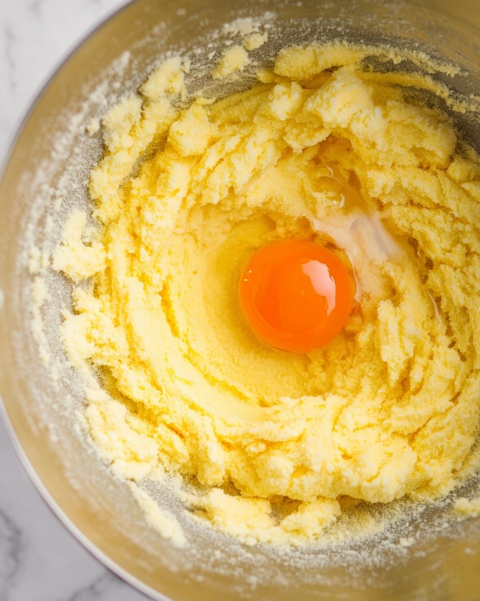 A close-up view inside a metal mixing bowl shows one layer of light yellow, creamy butter and sugar mixture spread evenly along the sides and bottom. In the center, a single bright orange raw egg yolk with some translucent egg white surrounds it, sitting on top of the butter mix. The texture of the butter mixture is soft and fluffy with some visible small lumps. The background is a white marbled surface. photo taken with an iphone --ar 4:5 --v 7
