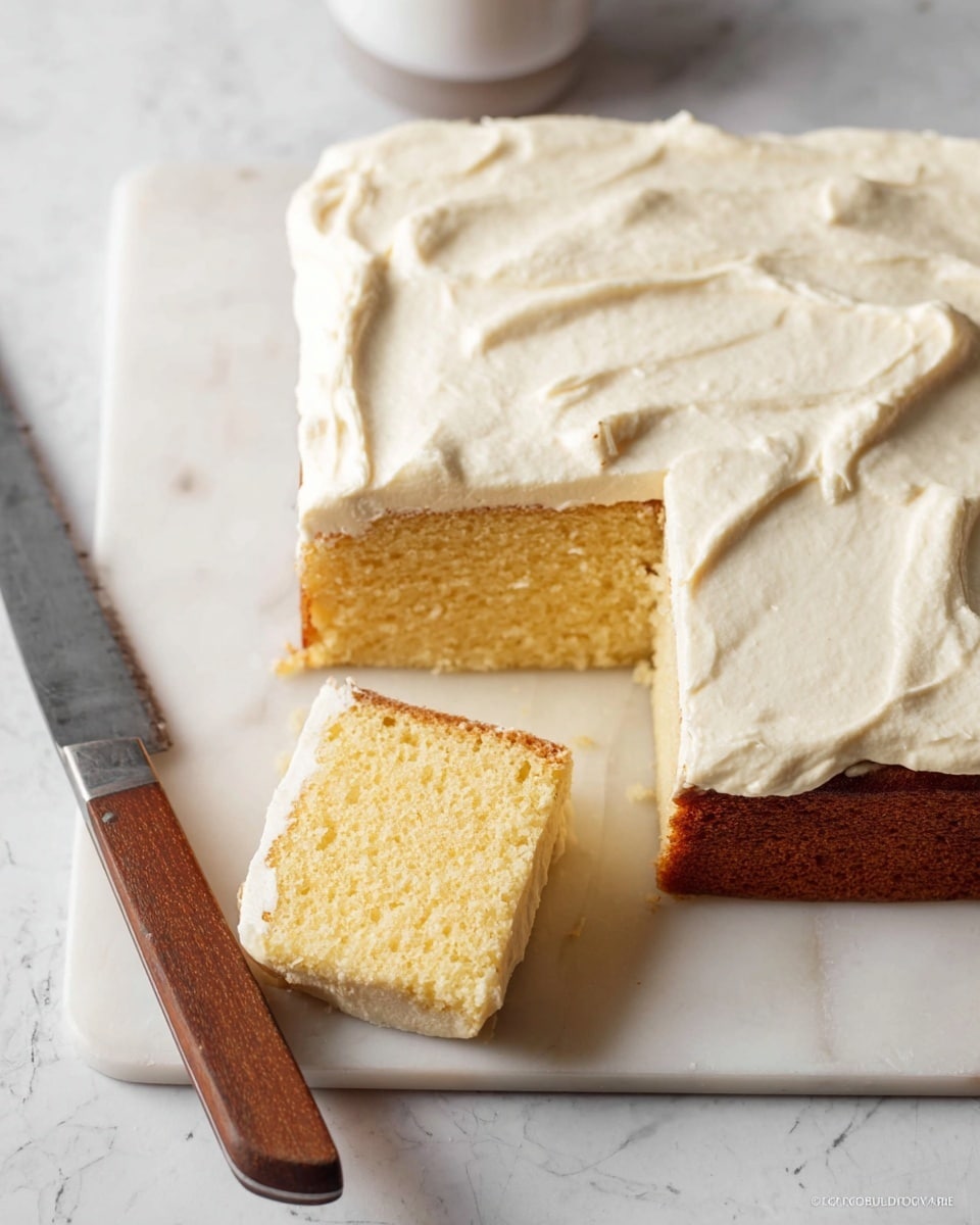 The image shows a square vanilla cake with one thick layer of white creamy frosting on top. The cake is a light golden yellow inside with a smooth, soft texture. One piece is cut out and placed near the cake, revealing the inside and the frosting layer. The cake sits on a white marbled surface with a knife that has a wooden handle next to it. Photo taken with an iphone --ar 4:5 --v 7