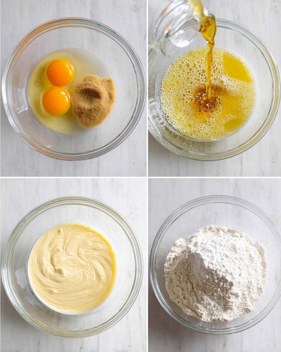 A clear glass bowl sits on a white marbled surface, shown in four steps of mixing ingredients. The first image shows two raw yellow egg yolks next to a pile of light brown sugar and some syrup. The second image shows golden oil being poured into a frothy pale yellow mixture with bubbles. The third image displays a smooth, light yellow liquid with swirled texture inside the bowl. The fourth image shows a mound of white flour mixed with a small heap of baking powder on top of the pale yellow liquid batter. Photo taken with an iphone --ar 4:5 --v 7