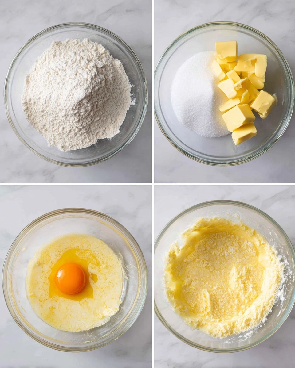 A collage of four images showing different stages of mixing baking ingredients in a clear glass bowl on a white marbled surface. The top left image shows a bowl filled with a white powdery mixture, likely flour and sugar. The top right image displays a bowl with white granulated sugar piled next to several small yellow butter pieces. The bottom left image captures a creamy, light yellow mixture with a single orange egg yolk in the center. The bottom right image shows a more blended, slightly bubbly yellow mixture with some granules still visible. Photo taken with an iphone --ar 4:5 --v 7