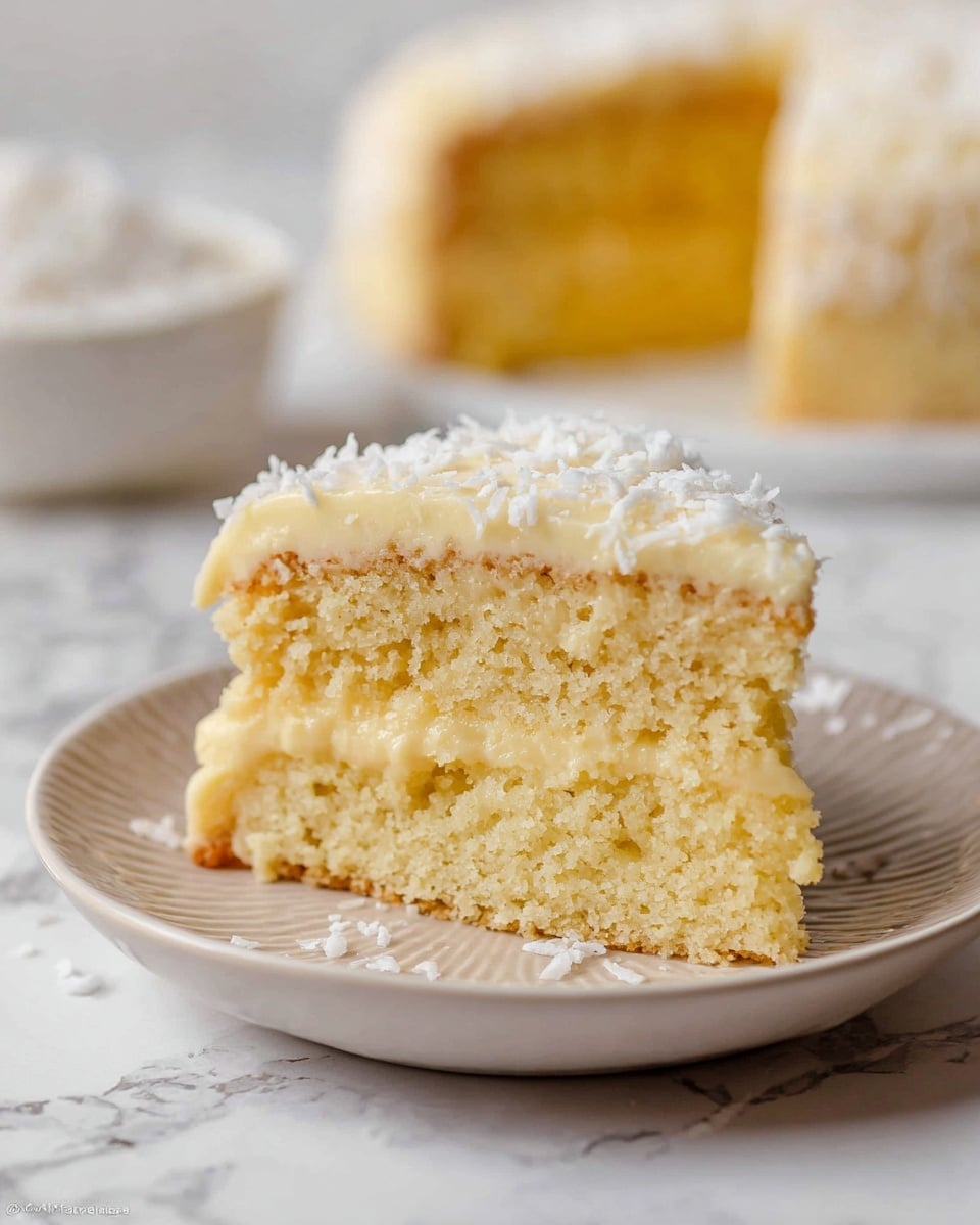 A slice of yellow cake on a white plate with a textured edge sits on a white marbled surface. The cake has two layers: a light yellow moist sponge base and a thick creamy yellow layer in the middle. On top, there is a layer of smooth pale yellow frosting sprinkled with white shredded coconut. The back of another piece of the same cake is visible but blurred in the background. Photo taken with an iphone --ar 4:5 --v 7