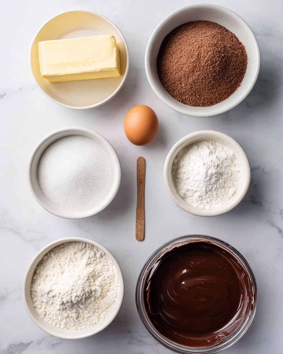The image shows six white bowls and a single egg arranged neatly on a white marbled surface. The bowls contain different baking ingredients: in the top left, a block of pale yellow butter; lower left, a bowl filled with brown sugar; top right, granulated white sugar; middle right, white flour; bottom right, a glass bowl with smooth melted dark chocolate and a wooden stick inside. The egg is placed in the center above the middle bowls. The scene is clean and bright with no visible shadows, emphasizing the textures and colors of the ingredients. photo taken with an iphone --ar 4:5 --v 7