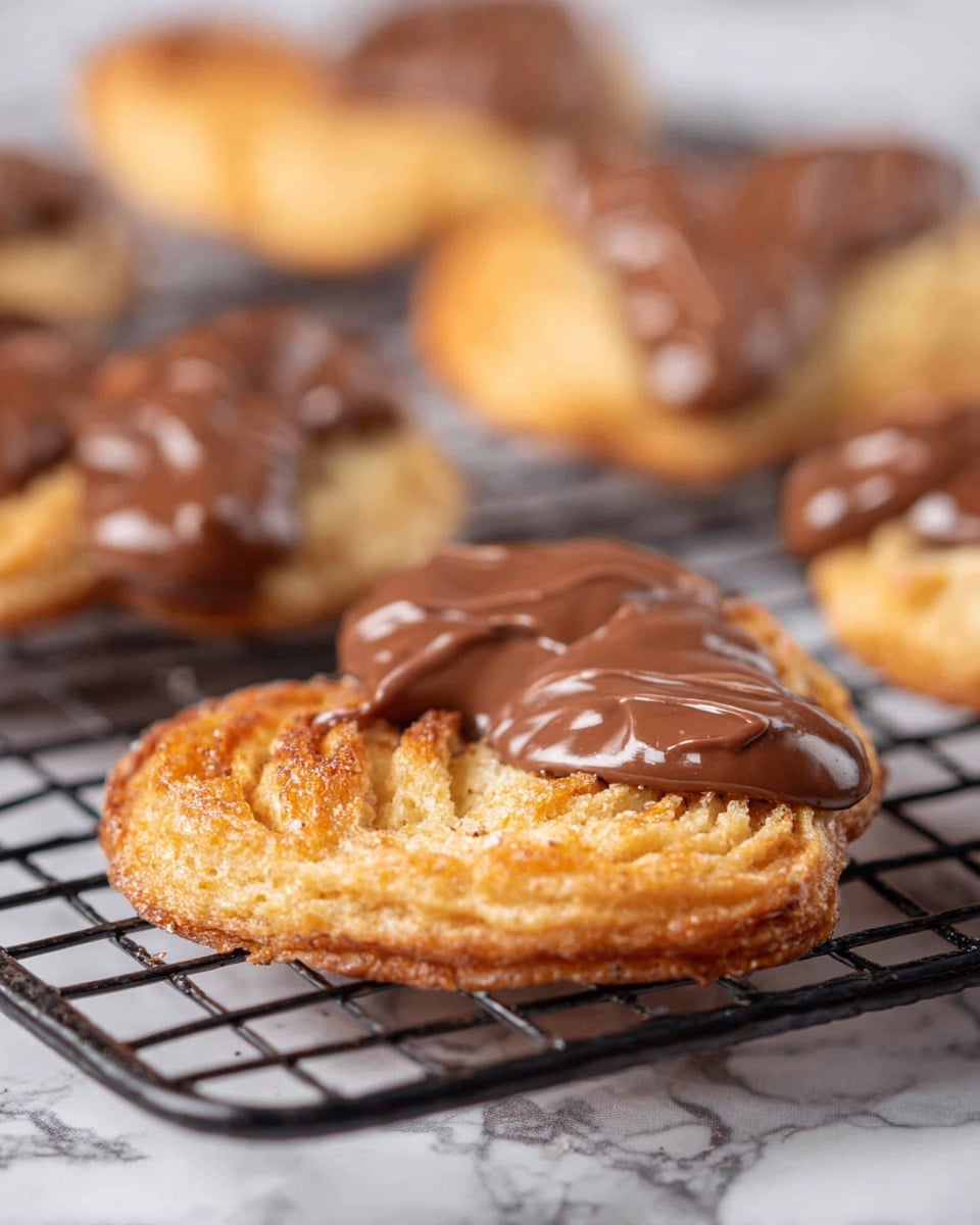 The image shows a close-up of several palmier cookies laid out on a black wire cooling rack placed on a white marbled surface. Each cookie has two main layers: the bottom layer is golden brown with a flaky, crispy texture, and the top layer is partially covered with shiny, smooth milk chocolate. The cookies have a heart or butterfly shape, and some of the chocolate-covered parts appear slightly glossy. The focus is on the front cookie, while the others are blurred in the background. photo taken with an iphone --ar 4:5 --v 7