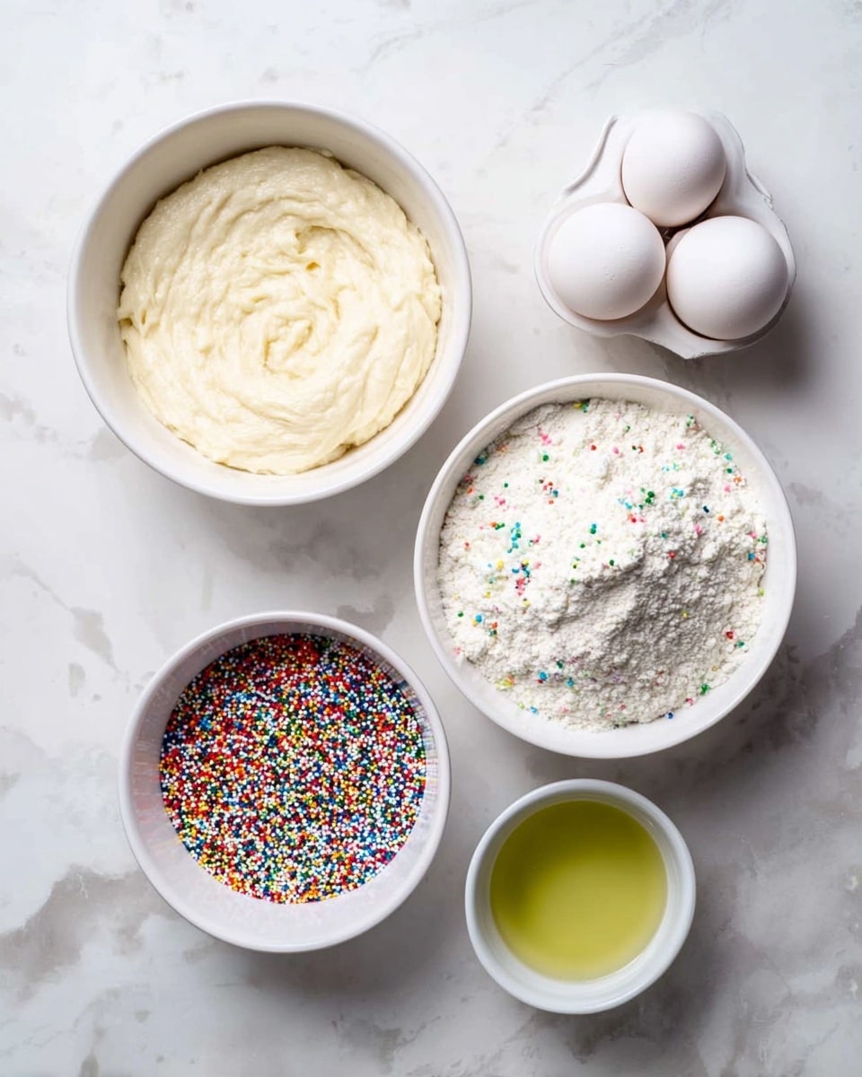 The image shows five ingredients arranged on a white marbled surface. On the top left is a white bowl filled with thick, creamy, light beige batter with a smooth texture. To its right is another white bowl holding a powdery mix of white flour with small colorful sprinkles scattered throughout, adding bits of red, green, blue, and yellow. Below these bowls, a smaller white bowl is filled with bright, multi-colored round sprinkles. Near it, there is a white egg holder with two whole white eggs resting in it. To the right of the eggs, a small white bowl contains a pale yellow liquid oil. photo taken with an iphone --ar 4:5 --v 7
