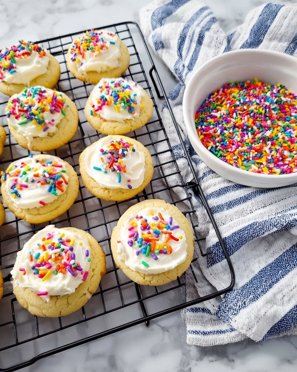 The image shows a black cooling rack with ten small round cookies that are pale yellow in color. Each cookie has one layer of white frosting spread on top, and this layer has a smooth, creamy texture. On top of the frosting, there are bright, colorful sprinkle pieces scattered, including red, green, blue, yellow, purple, and orange. To the right side of the rack, there is a white bowl filled with the same colorful sprinkles, placed on a white and blue striped cloth. The whole scene is set on a white marbled surface. photo taken with an iphone --ar 4:5 --v 7