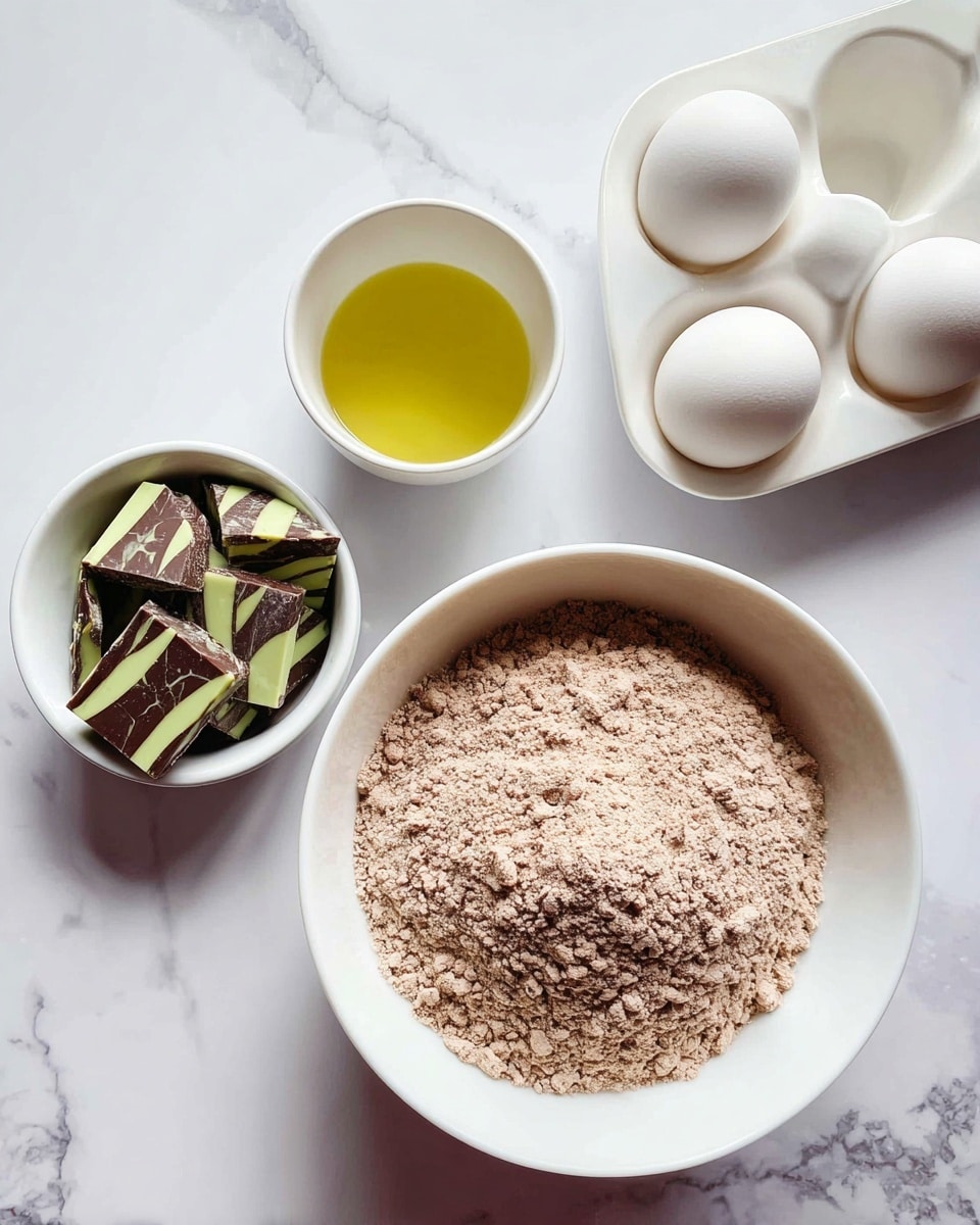 The image shows four white bowls and containers arranged on a white marbled surface. The largest bowl at the bottom right is filled with a light brown powdery mixture, likely cocoa or baking mix. To the left, a smaller white bowl holds pieces of striped green and dark brown chocolate. Above that, a white cup contains a small amount of yellow oil. At the top right, two white eggs rest in a white egg holder with more empty spaces. The scene is bright and clean, with the ingredients clearly separated and easy to see. Photo taken with an iphone --ar 4:5 --v 7
