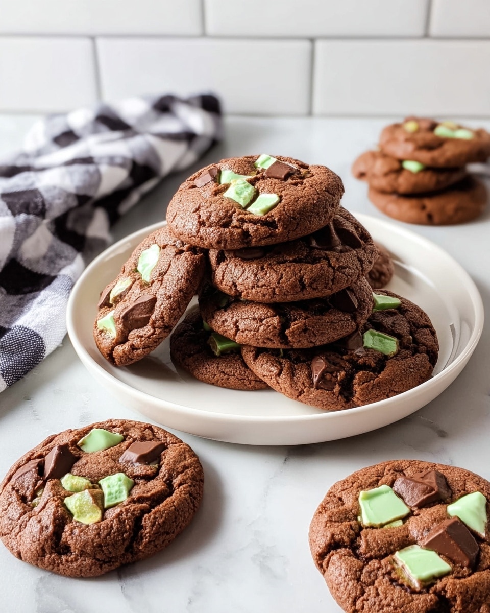 A white plate stacked with a pile of round chocolate cookies that have chunks of green and brown mint chocolate embedded in them. Around the plate on a white marbled surface, there are five more cookies spaced out, showing their cracked texture and colorful chocolate pieces on top. A black and white checkered cloth is casually placed to the left side, adding contrast to the scene. The background shows white tiled wall details. photo taken with an iphone --ar 4:5 --v 7