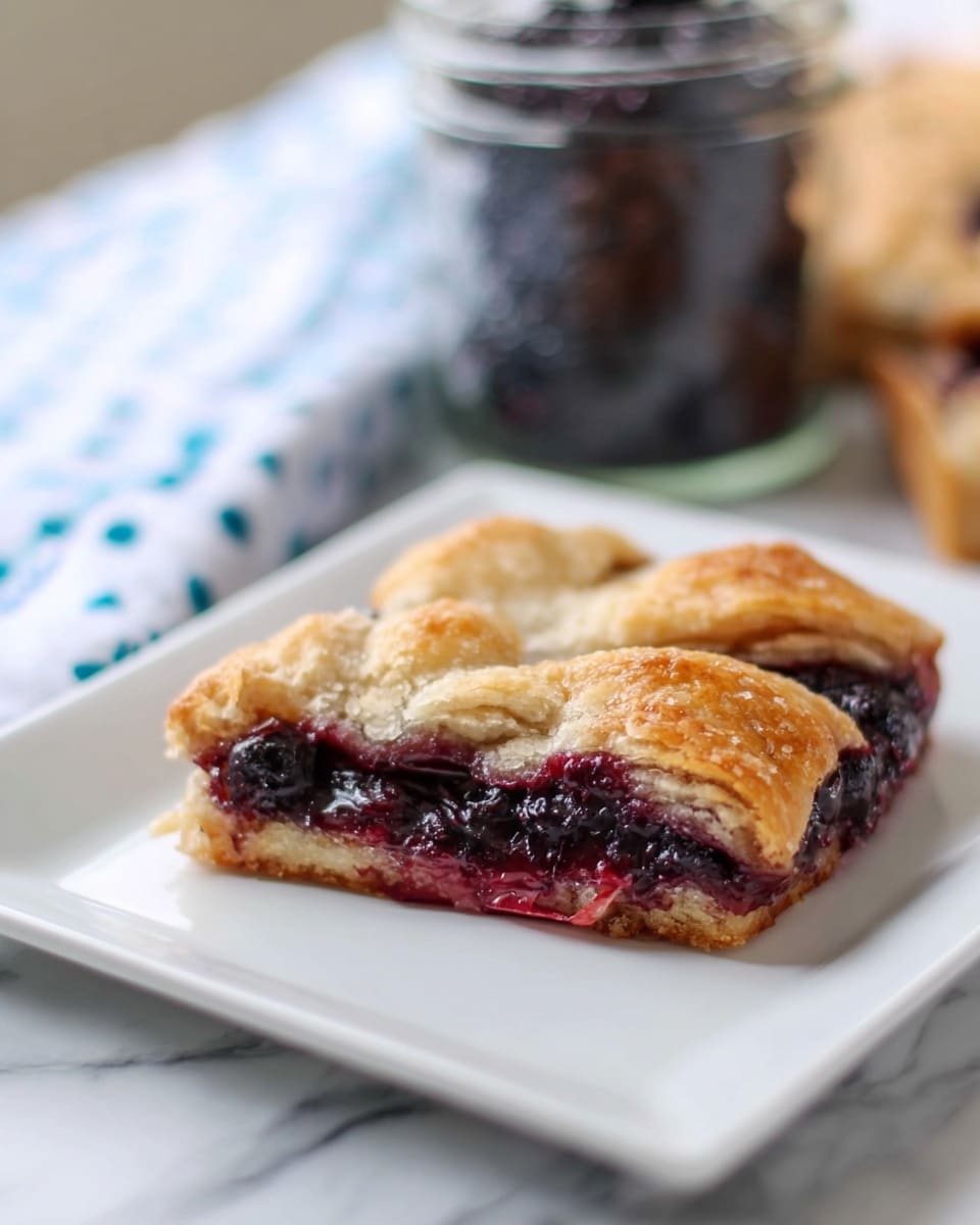 The image shows a single square pastry piece on a white square plate with gently folded, golden brown crust layers on top, slightly cracked to reveal a dark purple, glossy berry filling inside. The bottom crust is a light golden color, supporting the juicy filling that slightly oozes out, giving a textured look. In the blurred background, there is a glass jar with more dark berries and a white cloth with blue dots, all set on a white marbled surface. Photo taken with an iphone --ar 4:5 --v 7