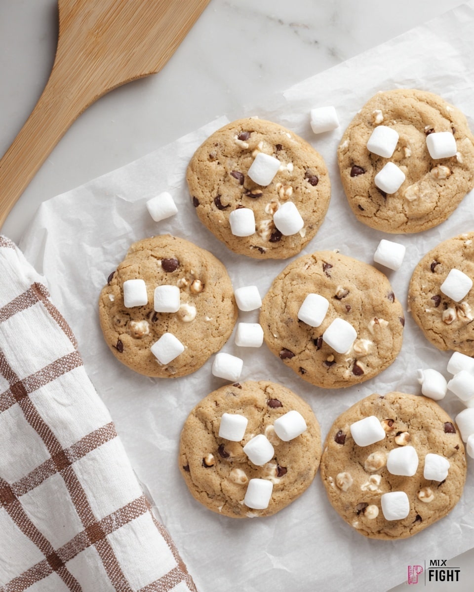 The image shows several round cookies on white baking paper over a white marbled surface. Each cookie has a light brown color with visible small dark chocolate chips mixed throughout the dough. On top of each cookie, there are three small white marshmallows placed evenly. The cookies are arranged in a loose cluster covering most of the paper. A wooden cooking spatula is partially visible in the upper left corner, and a white cloth with a brown grid pattern is seen partly tucked under the paper in the lower left corner. photo taken with an iphone --ar 4:5 --v 7