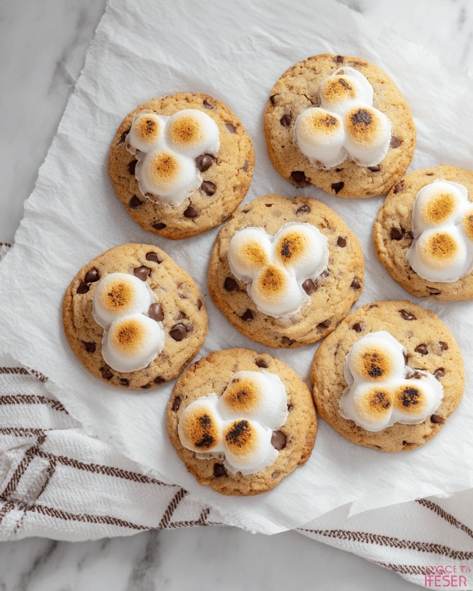 The image shows seven round cookies with a light golden brown color and a slightly rough texture from chocolate chips baked inside. Each cookie has three toasted marshmallows on top, arranged close together to form a triangle shape. The marshmallows have a soft, puffy white base with brown toasted spots, giving a fresh baked look. The cookies are placed on white parchment paper, which rests on a white marbled surface with soft veins. A corner of a white cloth with brown stripes is partially visible under the parchment paper on the left side. photo taken with an iphone --ar 4:5 --v 7