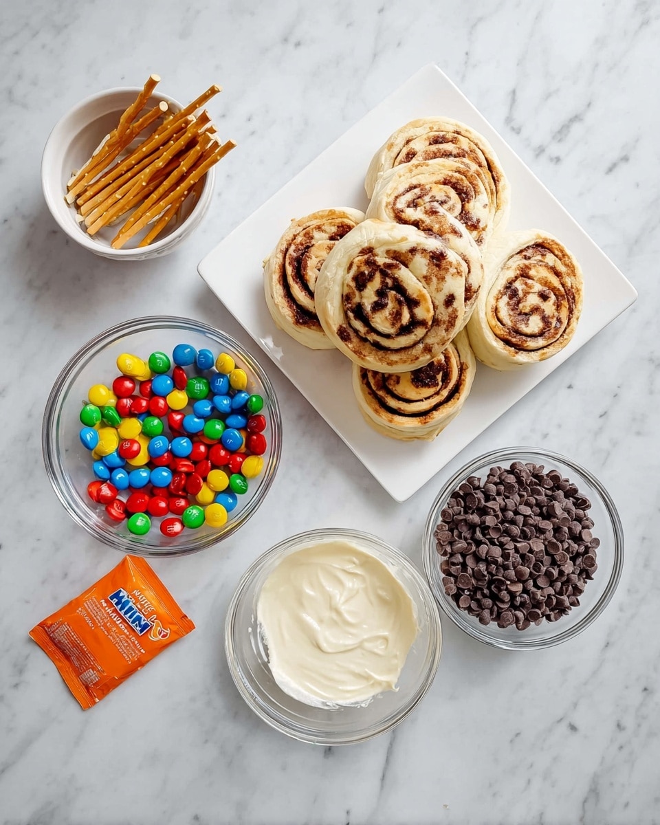 The image shows several items arranged on a white marbled surface: in the top right, there is a white square plate with four tall cinnamon roll pastries, each with a light beige dough and dark brown swirled cinnamon patterns. To the left, there is a small white round bowl holding several thin pretzel sticks. Below, a clear glass bowl contains colorful candy-coated chocolate pieces in red, yellow, green, and blue. Next to this bowl, on the right, there is a small white container filled with creamy white cookie icing. At the bottom right, another clear glass bowl holds a pile of dark chocolate chips. A packet of orange cookie icing lies flat on the surface to the left of the bowls. Photo taken with an iphone --ar 4:5 --v 7