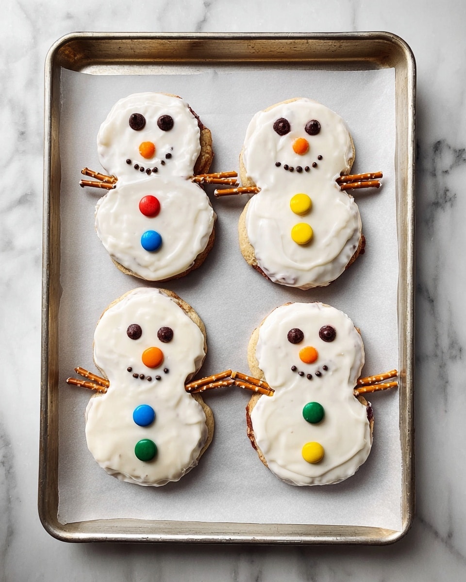 Four snowman-shaped cookies sit on a baking tray lined with parchment paper, placed on a white marbled surface. Each cookie has two round stacked layers: a smaller round top layer and a bigger round bottom layer, all covered in white icing that looks smooth and slightly glossy. The faces are made with small dark chocolate chips for eyes and mouth, and tiny orange candy pieces for noses. Each snowman has three colorful candy buttons on the lower layer in blue, yellow, green, or red. Thin pretzel sticks are placed on the sides of each middle layer, acting as the snowmen's arms stretching outwards. Photo taken with an iphone --ar 4:5 --v 7