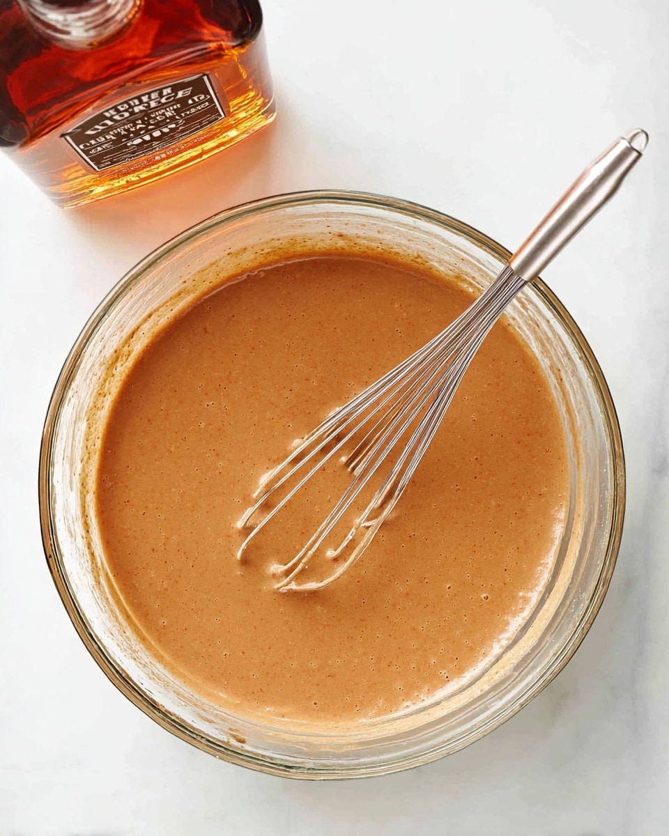 A clear glass bowl filled with a smooth, light brown batter with a slightly thick texture. Inside the bowl, a silver metal whisk rests at an angle, coated lightly with the batter. In the top left corner, a clear bottle with amber liquid is partially visible. The bowl is placed on a white marbled surface. photo taken with an iphone --ar 4:5 --v 7