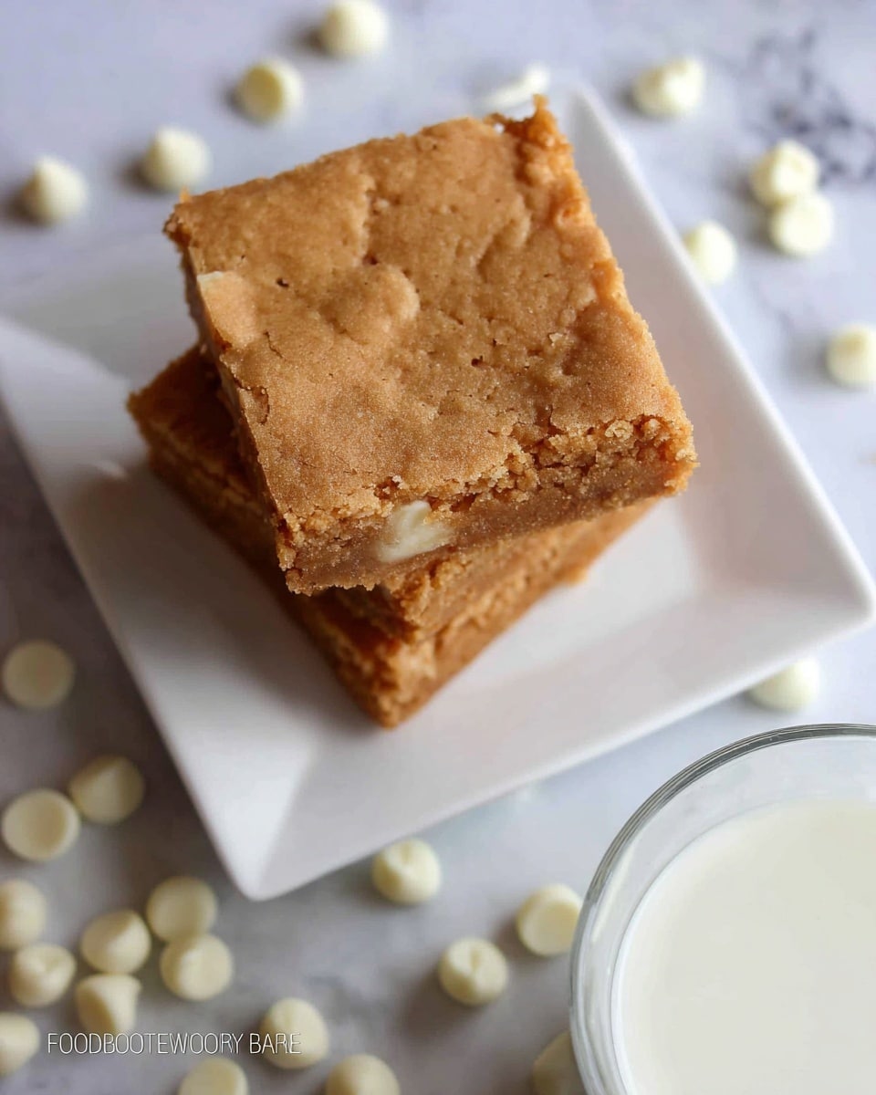 Two square pieces of golden brown blondie bars are stacked on a white square plate. The top blondie shows a slightly cracked surface with a soft texture. Around the plate, there are scattered white chocolate chips on a white marbled surface. A glass of milk is partially visible at the bottom right corner. The image gives a cozy and tasty feeling. photo taken with an iphone --ar 4:5 --v 7