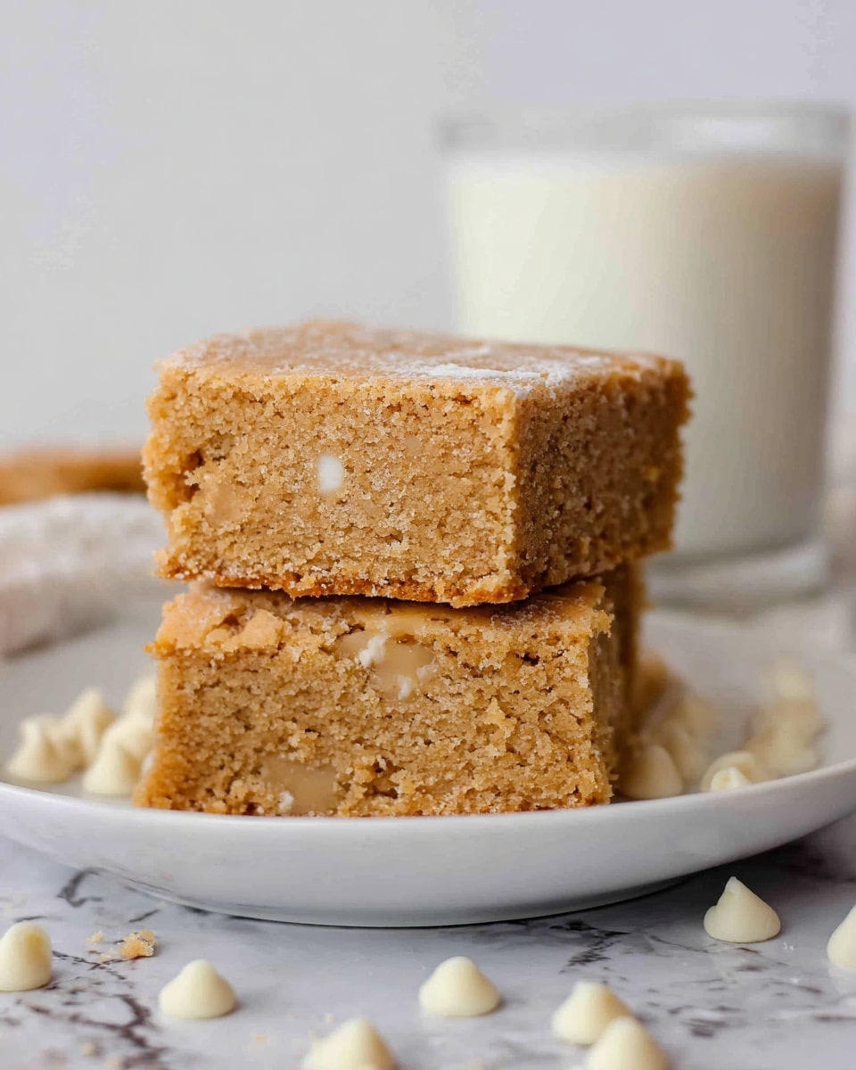 Two square pieces of light brown cake are stacked on top of each other on a white plate, showing a soft and crumbly texture with small white bits inside. The top piece sits offset on the bottom one, highlighting their thickness and airy feel. Around the plate, there are scattered white chips that look smooth and shiny. In the background, a clear glass filled with white milk is visible, all placed on a white marbled surface. photo taken with an iphone --ar 4:5 --v 7
