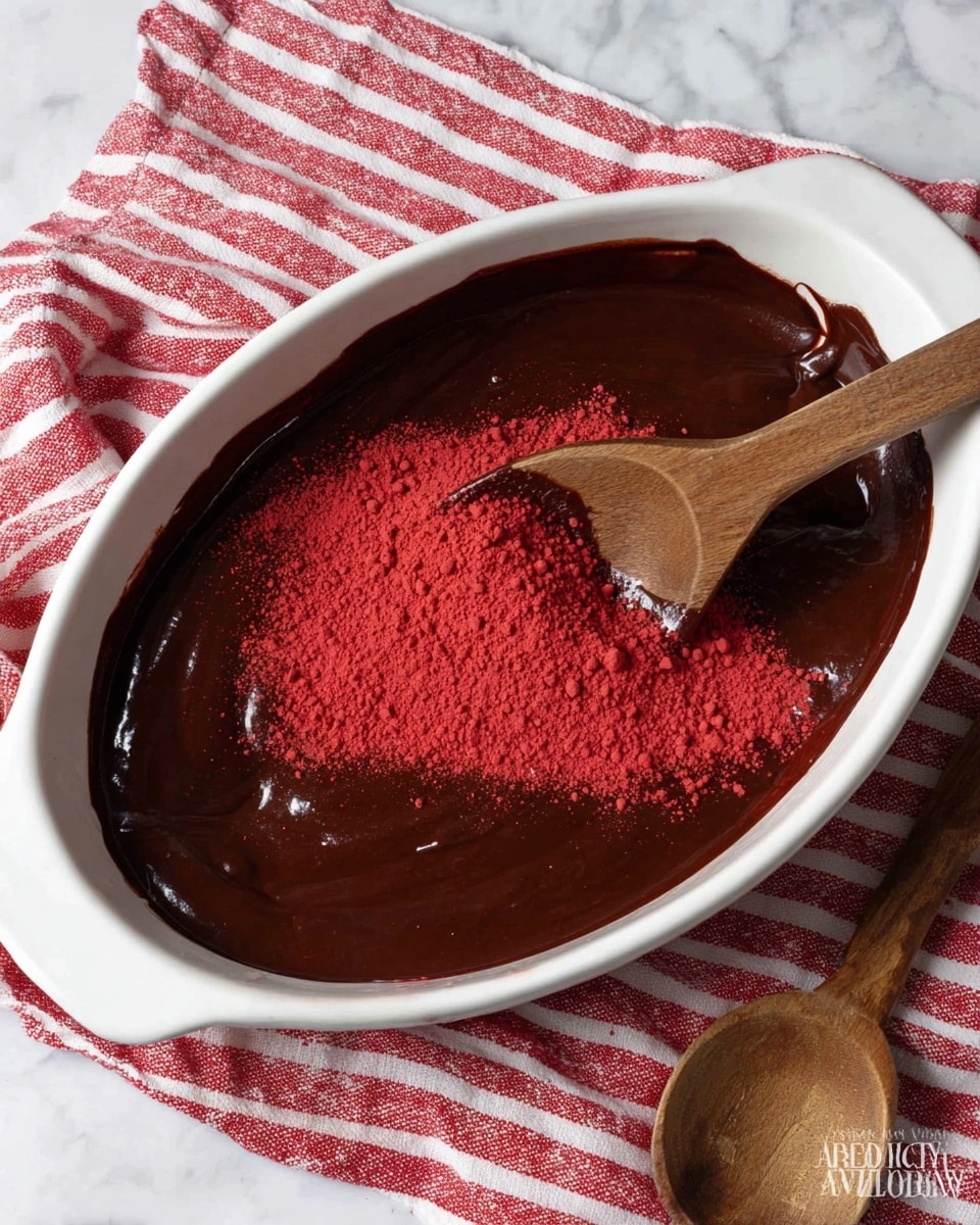 A white oval dish filled with a thick, dark brown, smooth chocolate mixture forming the bottom layer; on top of this is a bright red powdery layer spread in the middle. A wooden spoon is placed inside the dish, mixing the chocolate and the red powder. The dish rests on a red and white striped cloth, and a wooden spoon lies next to it on a white marbled surface. photo taken with an iphone --ar 4:5 --v 7