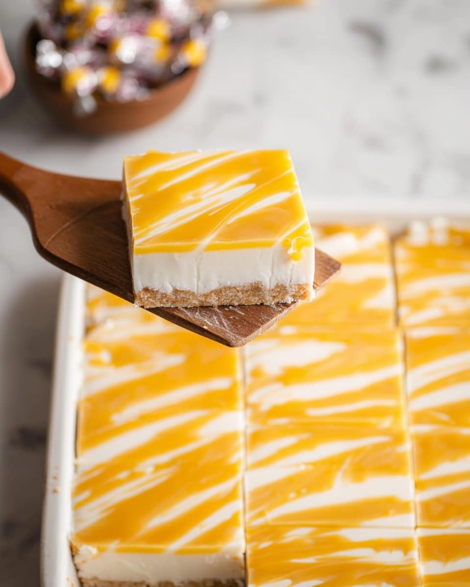 A square dessert piece is lifted on a wooden spatula, showing three layers: a light beige crumbly base, a thick smooth white middle layer, and a shiny orange drizzle on top creating diagonal stripes. The dessert is cut into squares in a white rectangular tray with the same orange drizzle pattern on each piece. The background is a white marbled surface, and a woman's hand is holding the spatula. There is a small bowl with wrapped candies blurred in the upper left corner. Photo taken with an iphone --ar 4:5 --v 7