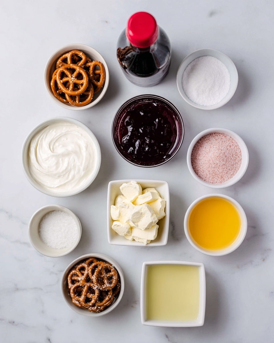The image shows a flat lay of eleven small white round and square bowls and a small dark bottle with a red cap, all arranged on a white marbled surface. Each bowl holds a different ingredient: smooth white cream in the bottom left, soft white cheese chunks above it, small brown pretzels in the middle bottom, dark brown sugar next to it on the right, fine white powder to the far right, a dark red jam near the middle right, bright yellow melted butter above the jam, white granulated sugar at the top right, light pink granulated powder a bit left to the center, clear liquid at the top left, and pale yellow liquid in a white square bowl near the bottom right. The black bottle is placed near the center top with a red cap. photo taken with an iphone --ar 4:5 --v 7