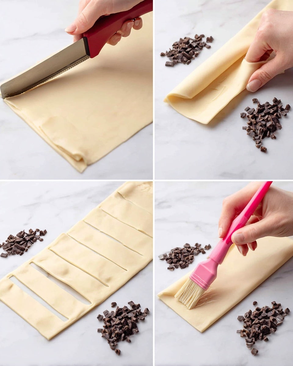 The image shows four steps of making a pastry with chocolate pieces on a white marbled surface. The first part shows a close-up of a knife with a red handle cutting a light beige pastry sheet into strips. The second part shows a woman's hand folding one strip over dark chocolate pieces placed near the edge of the pastry. The third part shows the pastry strip fully folded over the chocolate, lying flat. The fourth part shows a woman's hand holding a pink brush and applying a coating on the folded pastry. All close-ups focus on the light beige pastry and small piles of dark chocolate pieces on a white marbled surface. photo taken with an iphone --ar 4:5 --v 7