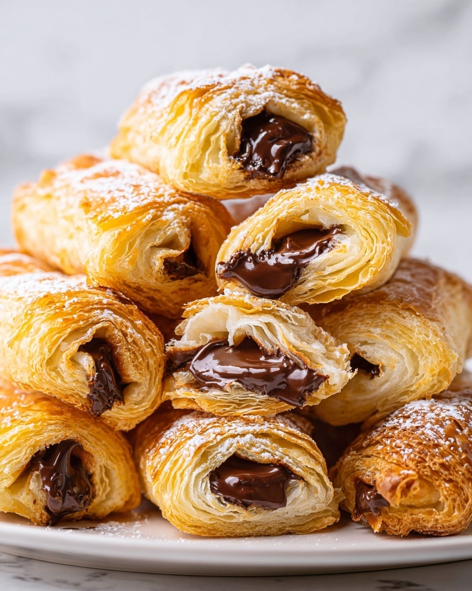 A close-up view of a stack of golden-brown, flaky puff pastries filled with melted dark chocolate. The pastries are arranged in a pile on a white plate, showing multiple layers of crisp, light, and airy dough with some pastries broken open to reveal the glossy, rich chocolate inside. The surface of the pastries has a slight shine from an egg wash and a light dusting of powdered sugar adds texture on top. The background is a white marbled texture, giving a clean and bright look to the image. photo taken with an iphone --ar 4:5 --v 7