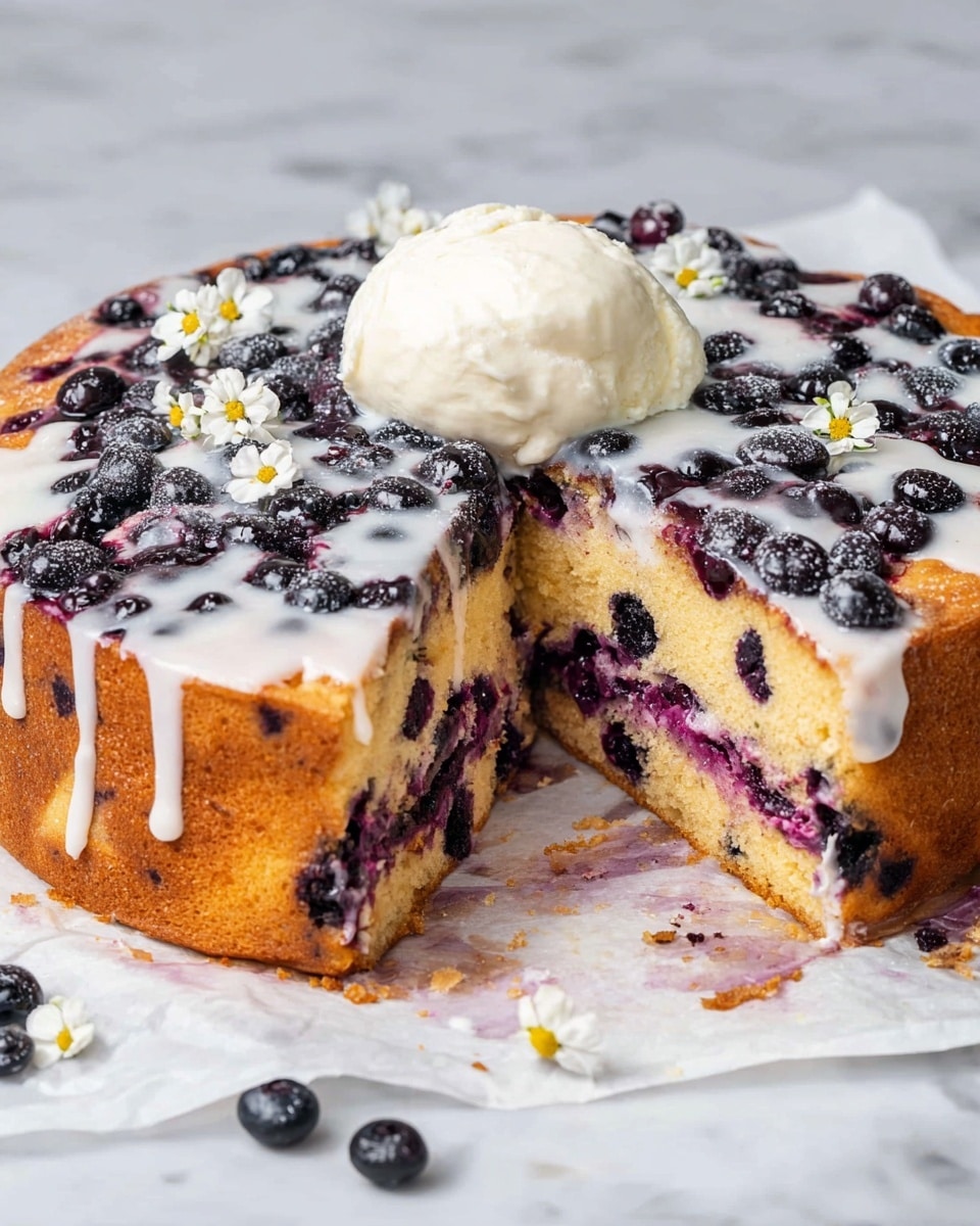 A thick round cake with three visible layers: the bottom layer is golden brown baked cake with small dark purple spots, the middle layer is a thick purple blueberry filling, and the top layer is golden brown cake dotted with whole blueberries and drizzled with white icing that slightly melts and flows down the sides; a large white scoop of whipped cream sits in the center, and small white flowers decorate the cake’s surface, all placed on white parchment paper on a white marbled surface photo taken with an iphone --ar 4:5 --v 7
