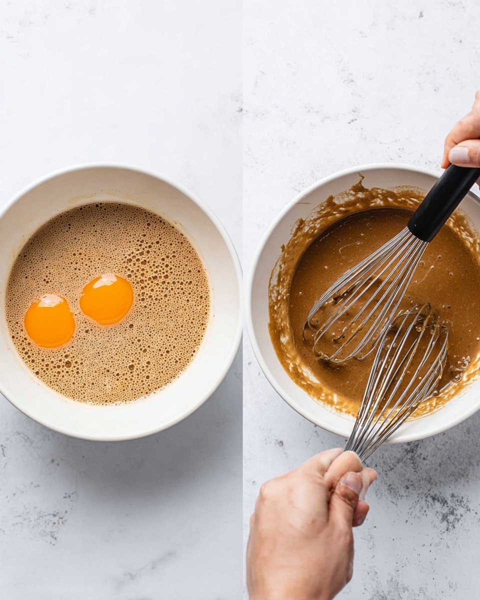 Two white bowls sit side by side on a white marbled surface. The left bowl holds a light brown mixture with visible bubbles and two raw eggs showing bright orange yolks partially blended with a black whisk held by a woman's hand on the right side. The mixture has a slightly frothy texture. In the right bowl, the same black whisk held by a woman's hand stirs a darker smooth brown batter without any visible egg parts, with some splashes of batter on the bowl's inner sides. photo taken with an iphone --ar 4:5 --v 7