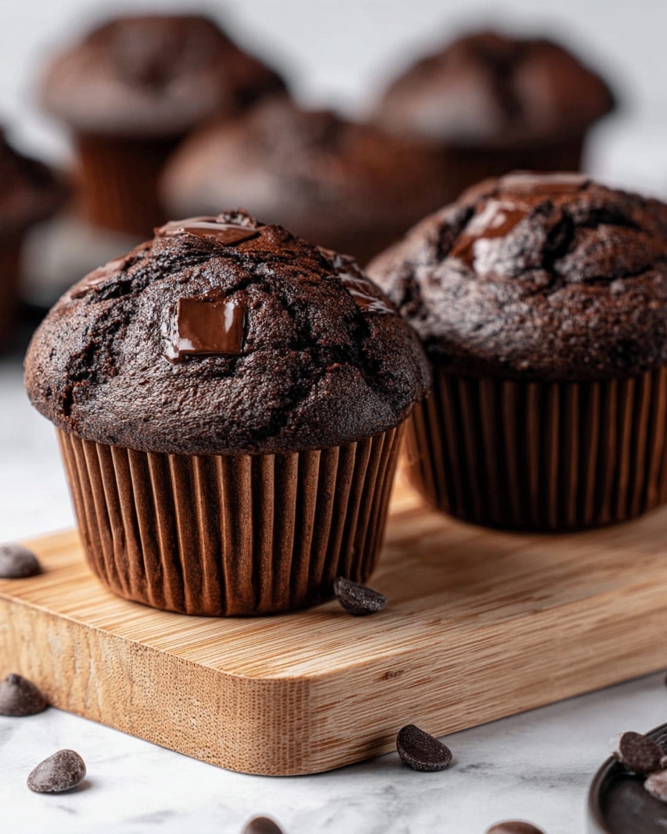 Two dark chocolate muffins sit side by side on a small wooden board with a few loose chocolate chips scattered around them. Each muffin has a rough, cracked top with large, shiny dark chocolate pieces embedded on the surface. The muffins are wrapped in deep brown paper cups that have clear vertical ridges. The background consists of more muffins softly blurred on a white marbled surface, adding depth but keeping focus on the main two. Photo taken with an iphone --ar 4:5 --v 7