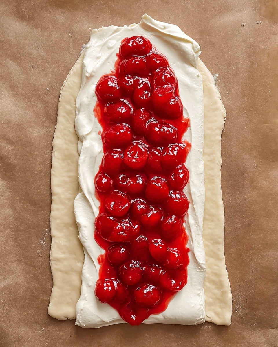 The image shows a layered dessert being prepared on a piece of pastry dough shaped like an arrow with two side flaps extending outward. The bottom layer is a smooth, white cream spread evenly in a long vertical strip down the center of the dough. On top of the cream is a thick layer of glossy, bright red cherry topping with whole cherries visible throughout, forming a vibrant, textured contrast to the pale cream beneath. The dough rests on a brown parchment paper background. photo taken with an iphone --ar 4:5 --v 7