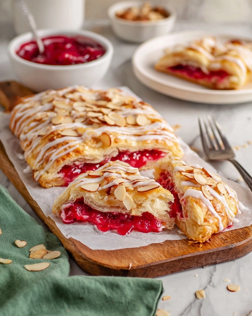 The image shows a pastry with three layers: a golden, flaky crust on the bottom, a bright red fruit filling in the middle, and a top layer of flaky crust with a drizzle of white glaze and sprinkled with sliced almonds. The pastry is placed on white parchment paper on a wooden board. One piece is cut and slightly separated, revealing the red filling inside. In the background, there is a white bowl filled with extra red fruit filling and a smaller white container with sliced almonds. The setting includes a green cloth and a white plate with a fork holding another piece of pastry, all on a white marbled surface. Photo taken with an iphone --ar 4:5 --v 7