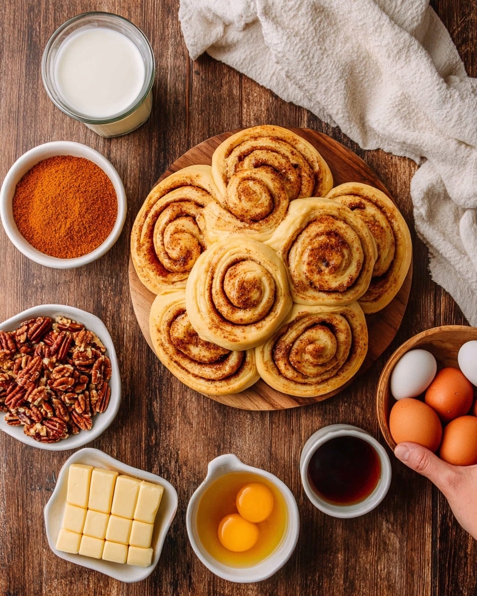 A round wooden board holds a stack of light golden cinnamon rolls with visible swirls of cinnamon filling, arranged closely to cover the board. Around the board, on a rustic brown wooden surface, there are six small white bowls and a woman's hand reaching from the top right. The bowls hold different ingredients: vibrant orange-brown cinnamon powder, chopped pecans in chunks, whole brown eggs in a square white bowl with a grid pattern, a glass of milk, a small amount of dark maple syrup in a white dish, and melted butter in another white bowl. A white cloth is casually draped in the top right corner. photo taken with an iphone --ar 4:5 --v 7