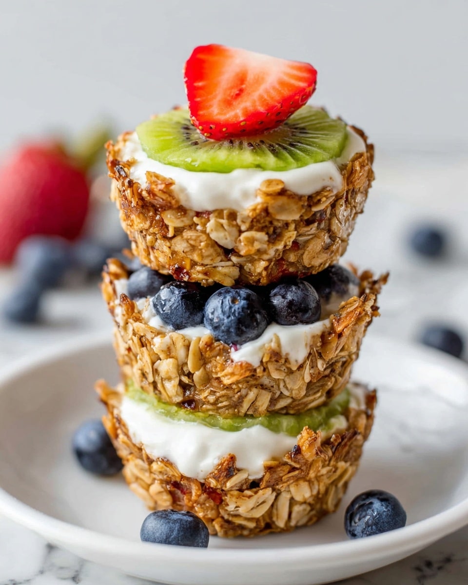 The image shows a stack of three granola cups filled with creamy white yogurt and fresh fruit. Each granola cup is golden brown and textured with oats and nuts. The bottom cup has Greek yogurt topped with blueberries and sliced green kiwi visible inside. The middle cup has yogurt with a neat row of blueberries on top and bits of green kiwi around them. The top granola cup holds creamy yogurt with a slice of bright red strawberry, a slice of green kiwi, and a blueberry on top. The stack is placed on a white plate, with scattered blueberries around it, set on a white marbled surface. Photo taken with an iphone --ar 4:5 --v 7