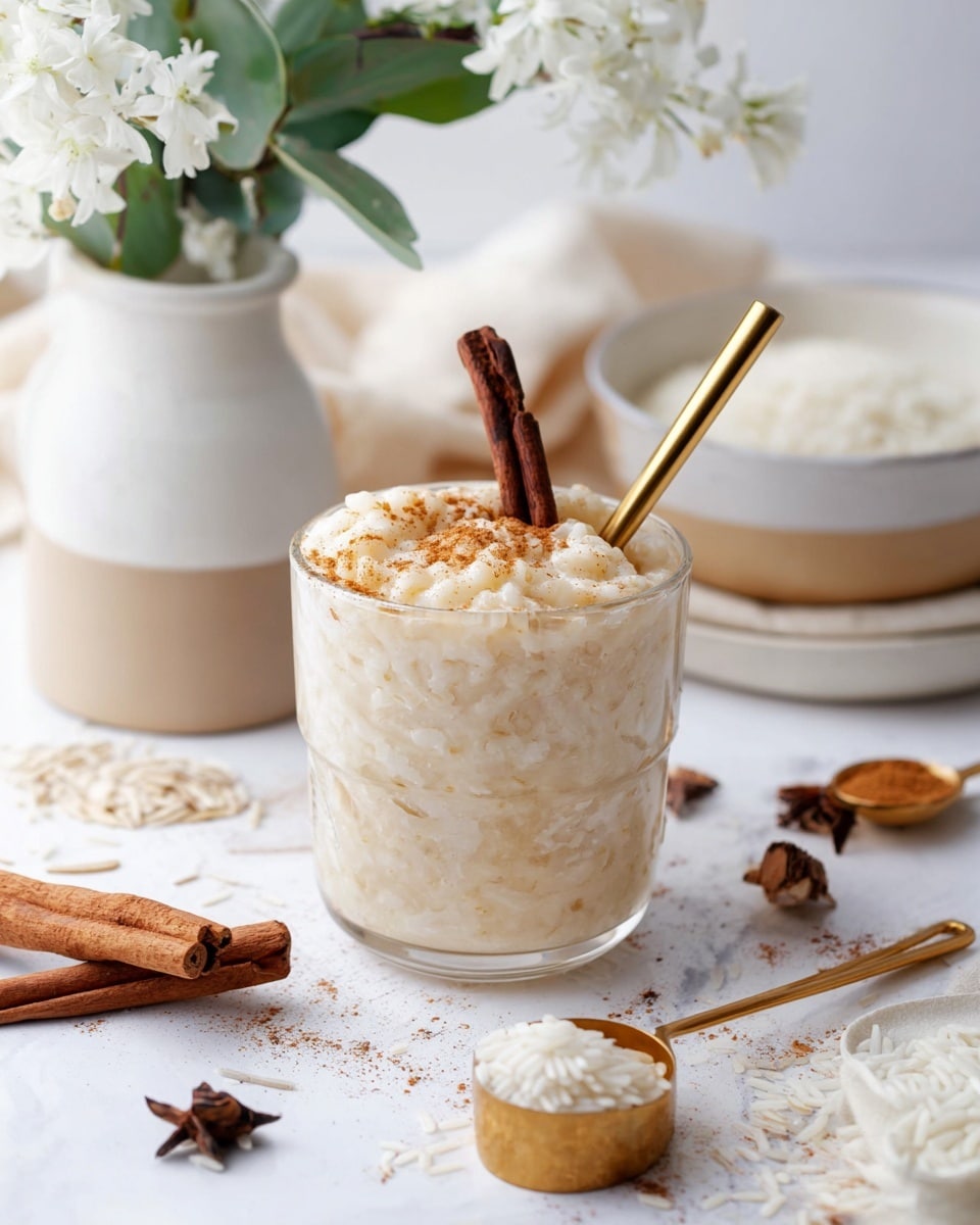 A glass cup filled with creamy, thick rice pudding that has a pale off-white color and a slightly lumpy texture showing the grains of rice, topped with two dark brown cinnamon sticks and a light dusting of cinnamon powder; a gold spoon sticks out from the pudding. The cup is placed on a white marbled surface with scattered cinnamon sticks and golden measuring spoons, one filled with white rice and another with cinnamon powder. In the background, there is a white ceramic jar with green leaves and white flowers, and a two-toned white and beige bowl. Photo taken with an iphone --ar 4:5 --v 7