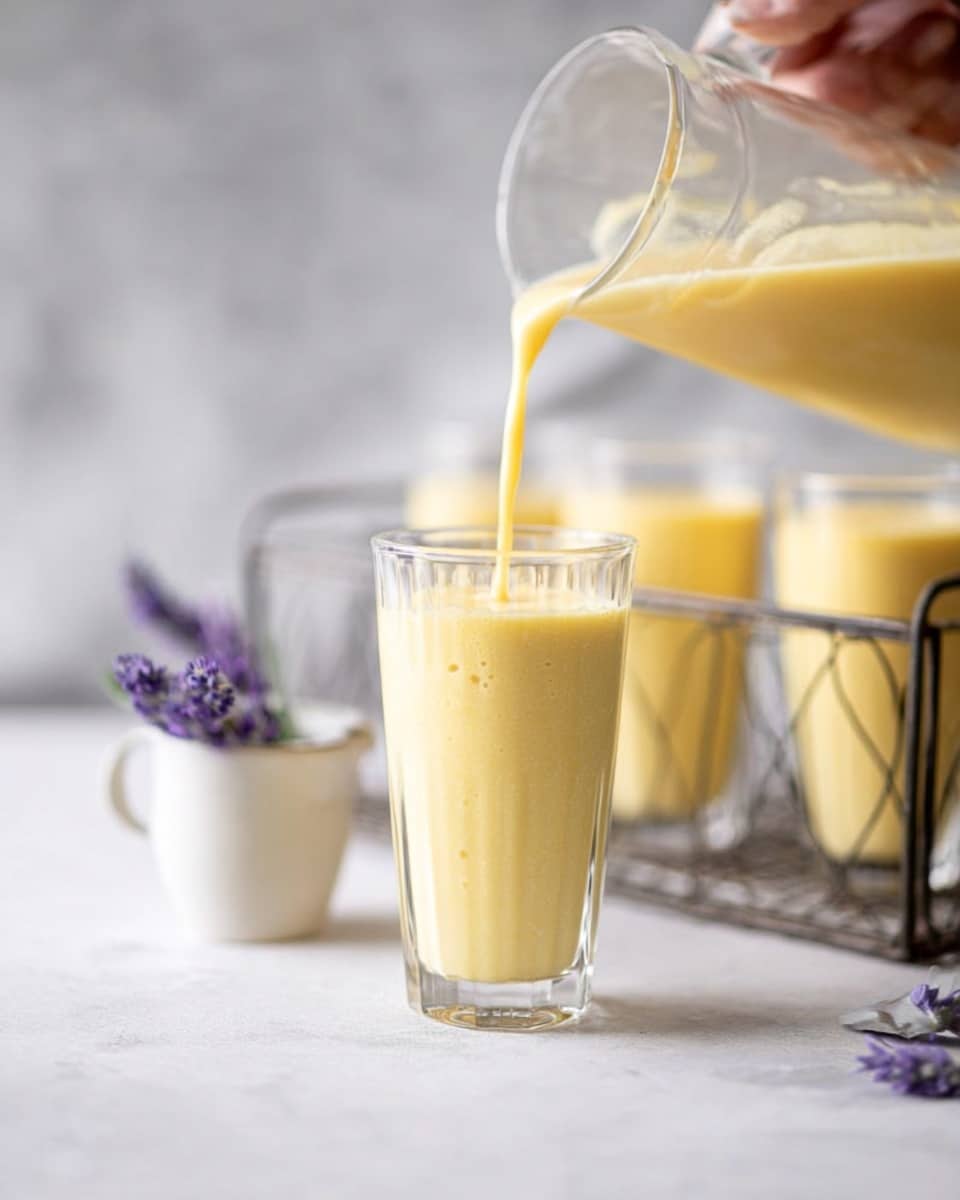 A tall, clear glass filled with a creamy, pale yellow smoothie showing a smooth, slightly thick texture with small bubbles, positioned in the front right on a white marbled surface. Behind it, a metal rack holds more identical glasses filled with the same yellow smoothie, slightly out of focus, and a woman’s hand is pouring more of the smoothie from a glass jug into one of the glasses in the rack. On the left side, a small white cup holds a few purple lavender flowers, adding a soft touch of color. The whole scene is bright with soft natural light, creating a fresh and inviting look. photo taken with an iphone --ar 4:5 --v 7