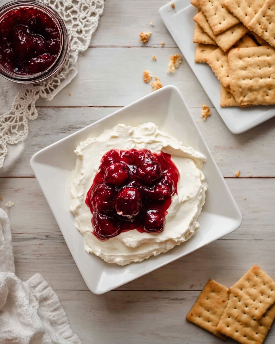 A close-up image shows a white bowl filled with two layers: a thick, creamy white layer at the bottom and a glossy, dark red cherry topping with whole cherries on top. A woman's hand holds a light brown graham cracker dipped into the cherry topping and cream. Around the bowl, on a dark wooden surface, broken pieces of graham crackers are scattered, and a small jar filled with the dark red cherry topping is seen blurred in the background. The backdrop is a white marbled texture. photo taken with an iphone --ar 4:5 --v 7