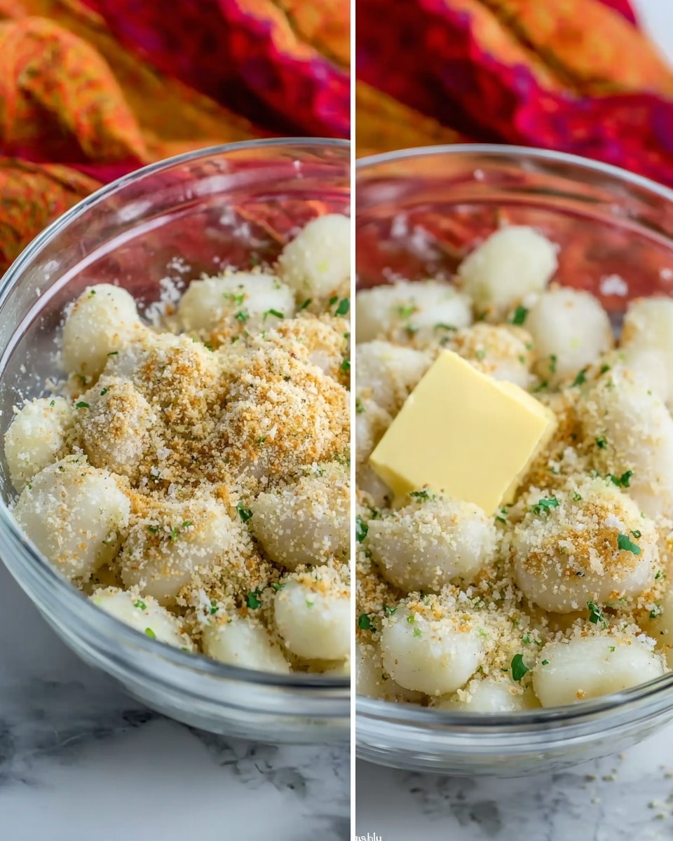 The image shows a clear glass mixing bowl filled with small, white gnocchi pieces that have a soft, smooth texture. On top of the gnocchi, there are breadcrumbs sprinkled evenly, giving a crumbly, light brown layer that covers part of the surface. A small square of yellow butter rests on the gnocchi, adding a smooth, glossy texture near the center. There are small bits of chopped green herbs sprinkled over the top, adding a touch of color and freshness. The bowl is set on a white marbled surface with a blurred and colorful background of red and orange cloths. The photo taken with an iphone --ar 4:5 --v 7