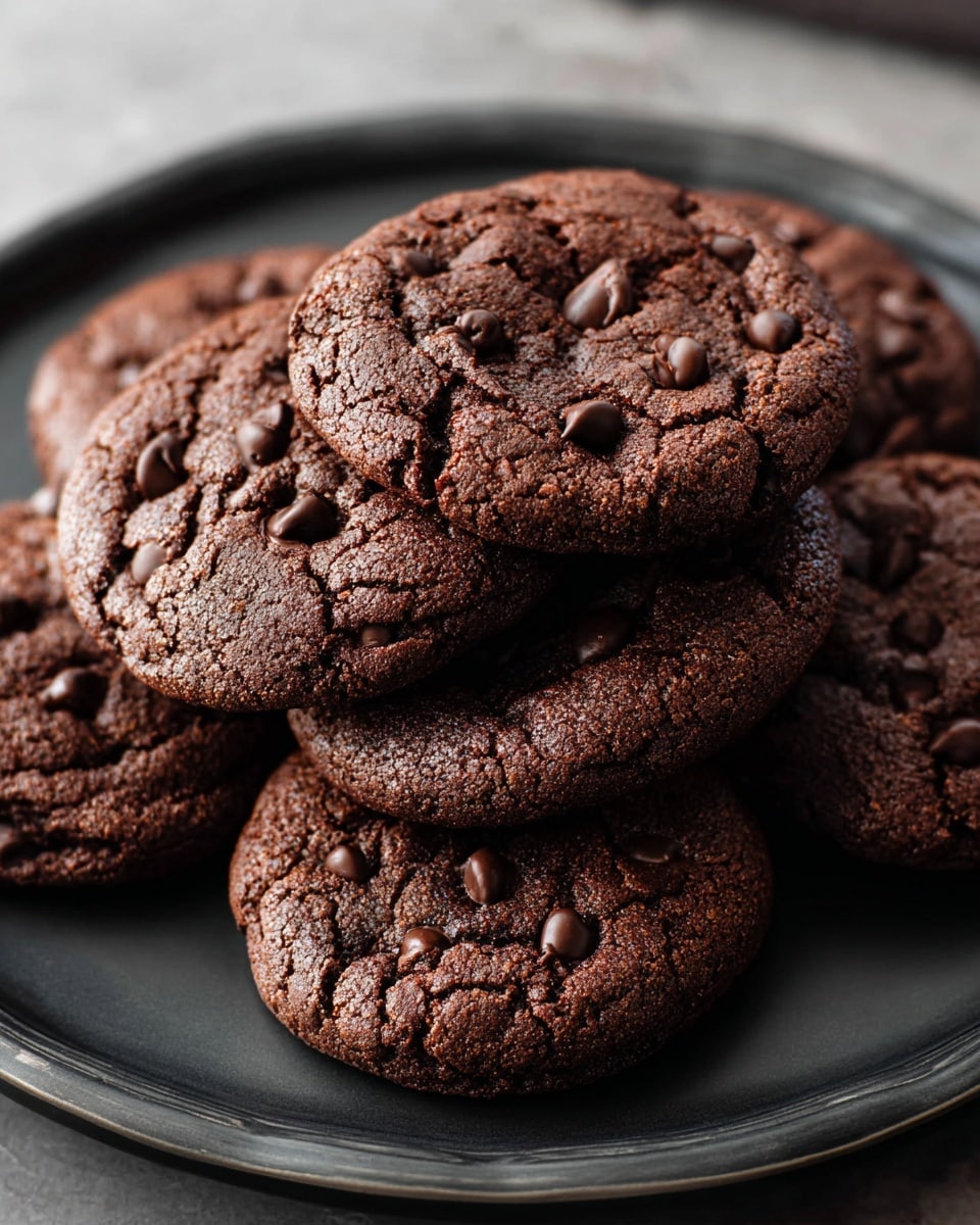 The image shows a close-up of many dark brown chocolate cookies spread out on a wooden surface, each cookie round and slightly cracked, with shiny melted chocolate chips embedded on the top. The cookies have a soft, textured surface with small visible creases, and some extra chocolate chips lay scattered between the cookies. The wooden surface adds a rustic feel to the dark, rich color of the cookies. photo taken with an iphone --ar 4:5 --v 7